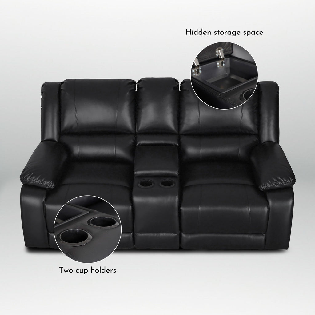 Ensemble de canapé de salon classique en simili cuir, inclinable manuellement, 2 pièces, avec console et porte-gobelets.