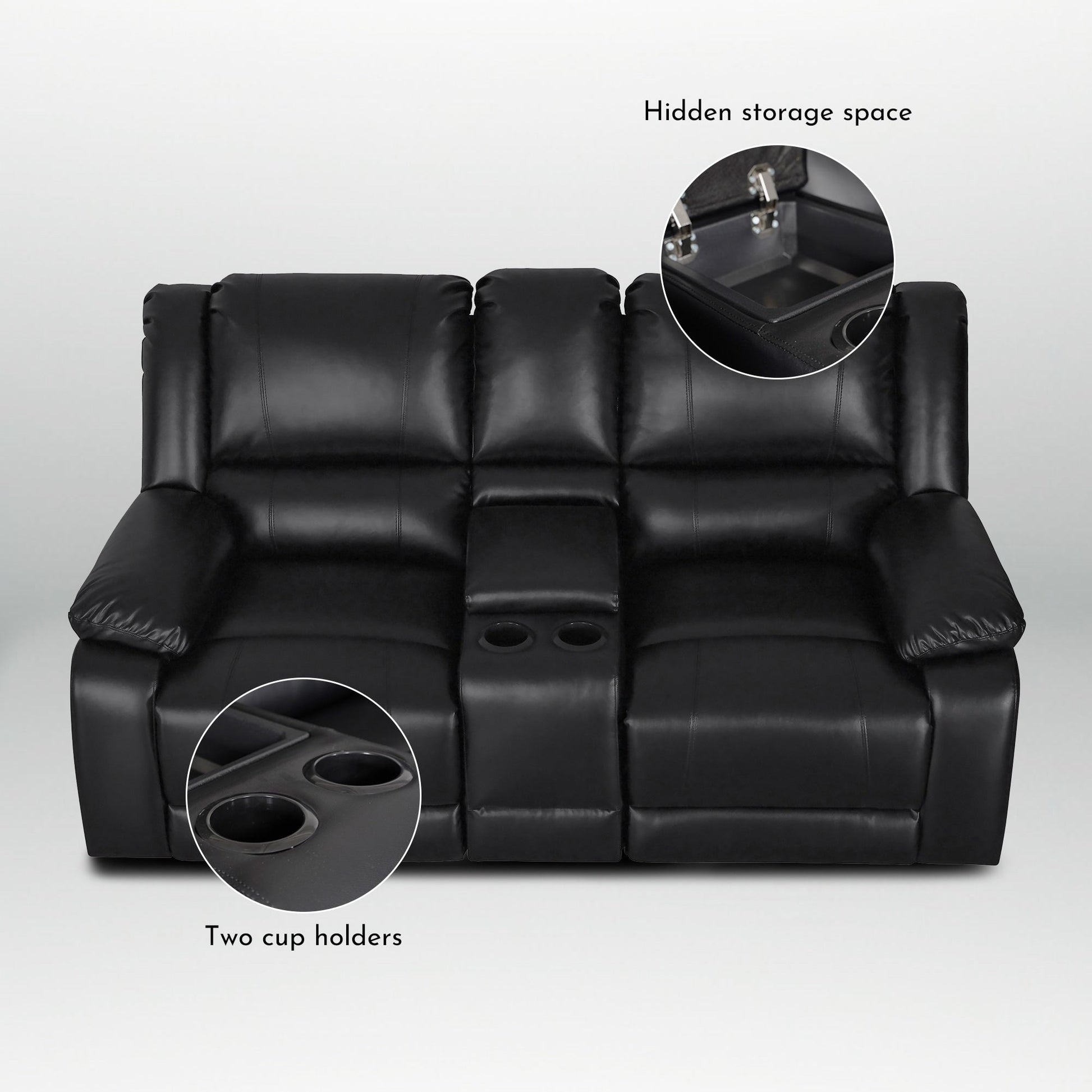 Ensemble de canapé de salon classique en simili cuir, inclinable manuellement, 2 pièces, avec console et porte-gobelets.