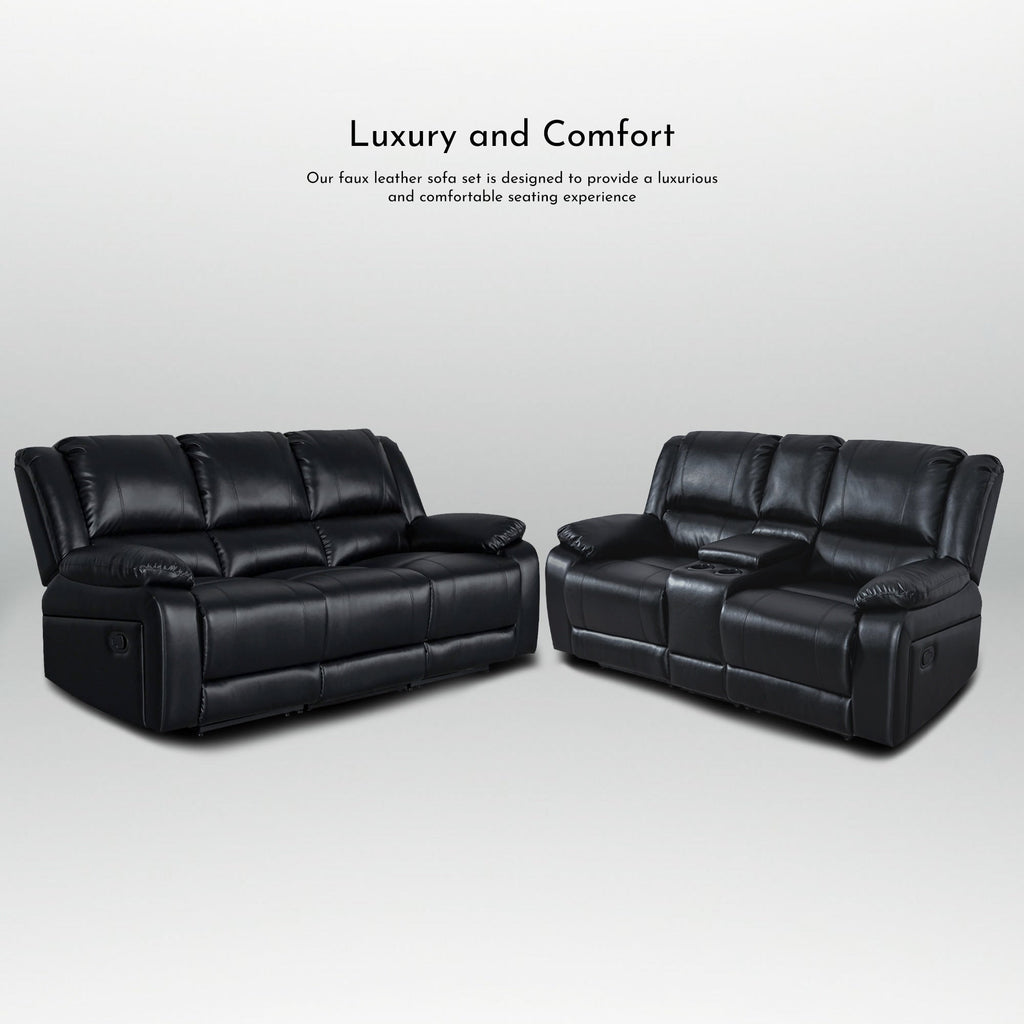 Ensemble de canapé de salon classique en simili cuir, inclinable manuellement, 2 pièces, avec console et porte-gobelets.