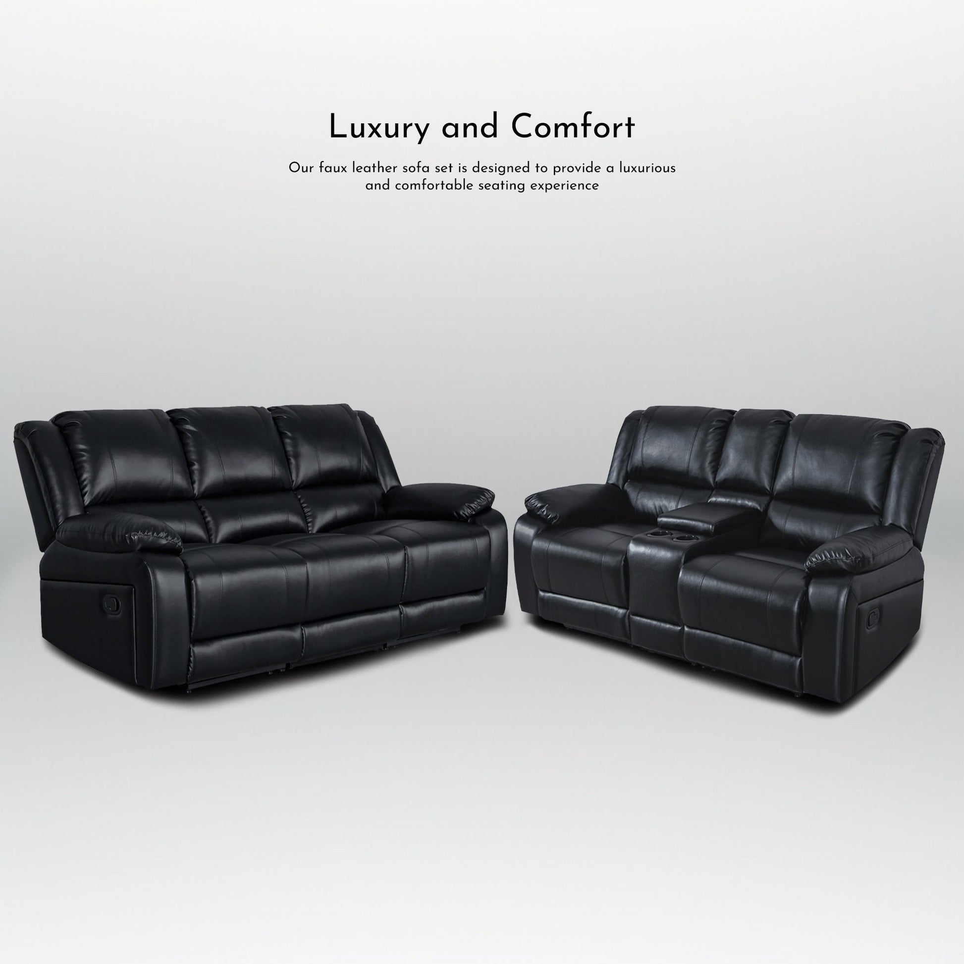 Ensemble de canapé de salon classique en simili cuir, inclinable manuellement, 2 pièces, avec console et porte-gobelets.