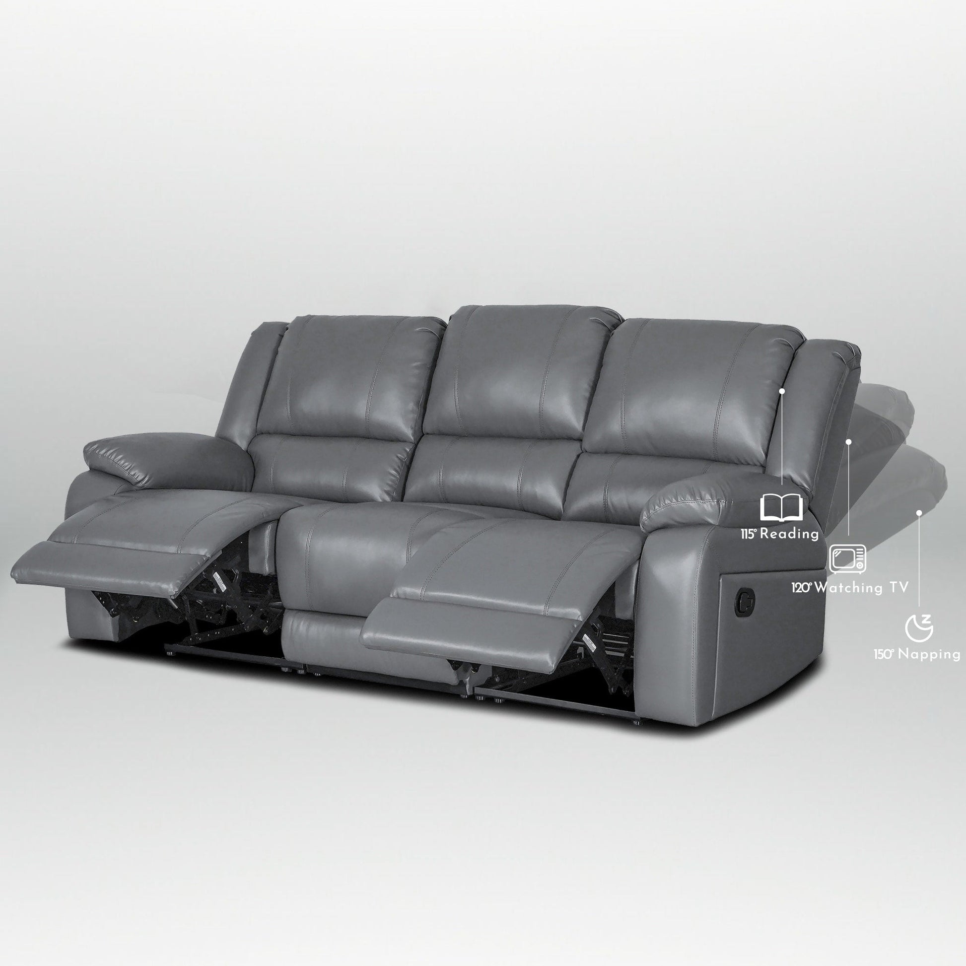 Ensemble de canapé de salon classique en simili cuir, inclinable manuellement, 2 pièces, avec console et porte-gobelets.