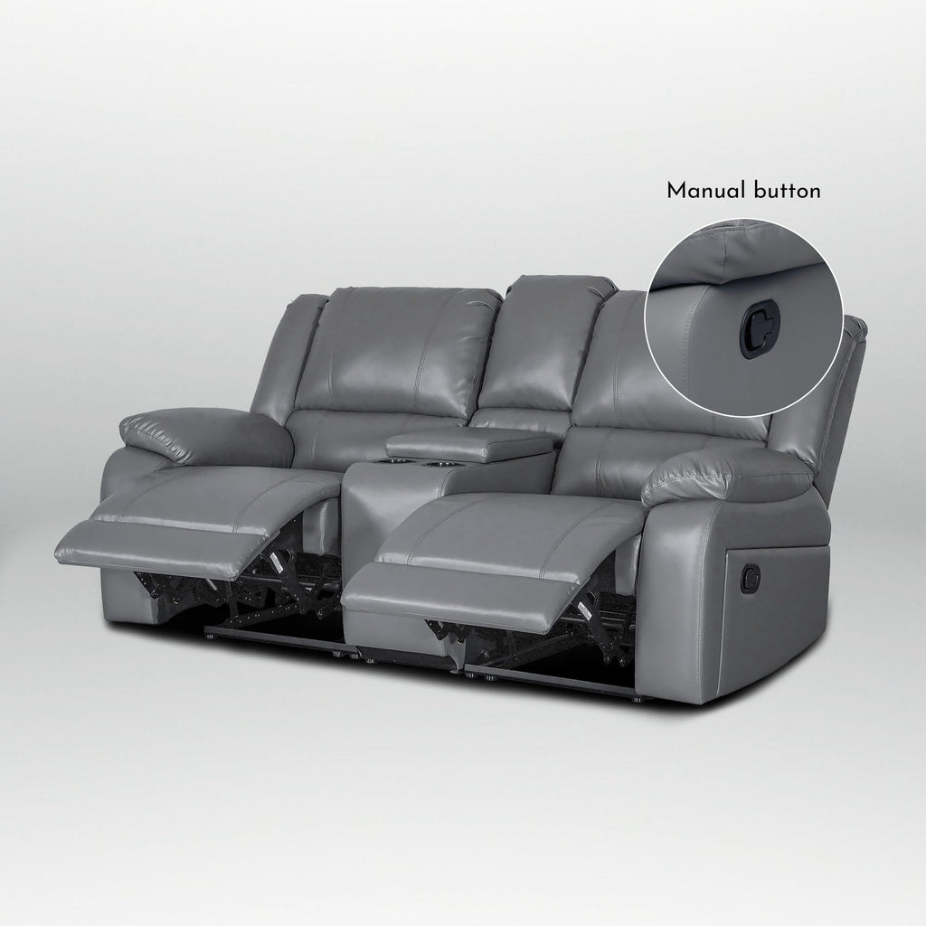 Ensemble de canapé de salon classique en simili cuir, inclinable manuellement, 2 pièces, avec console et porte-gobelets.