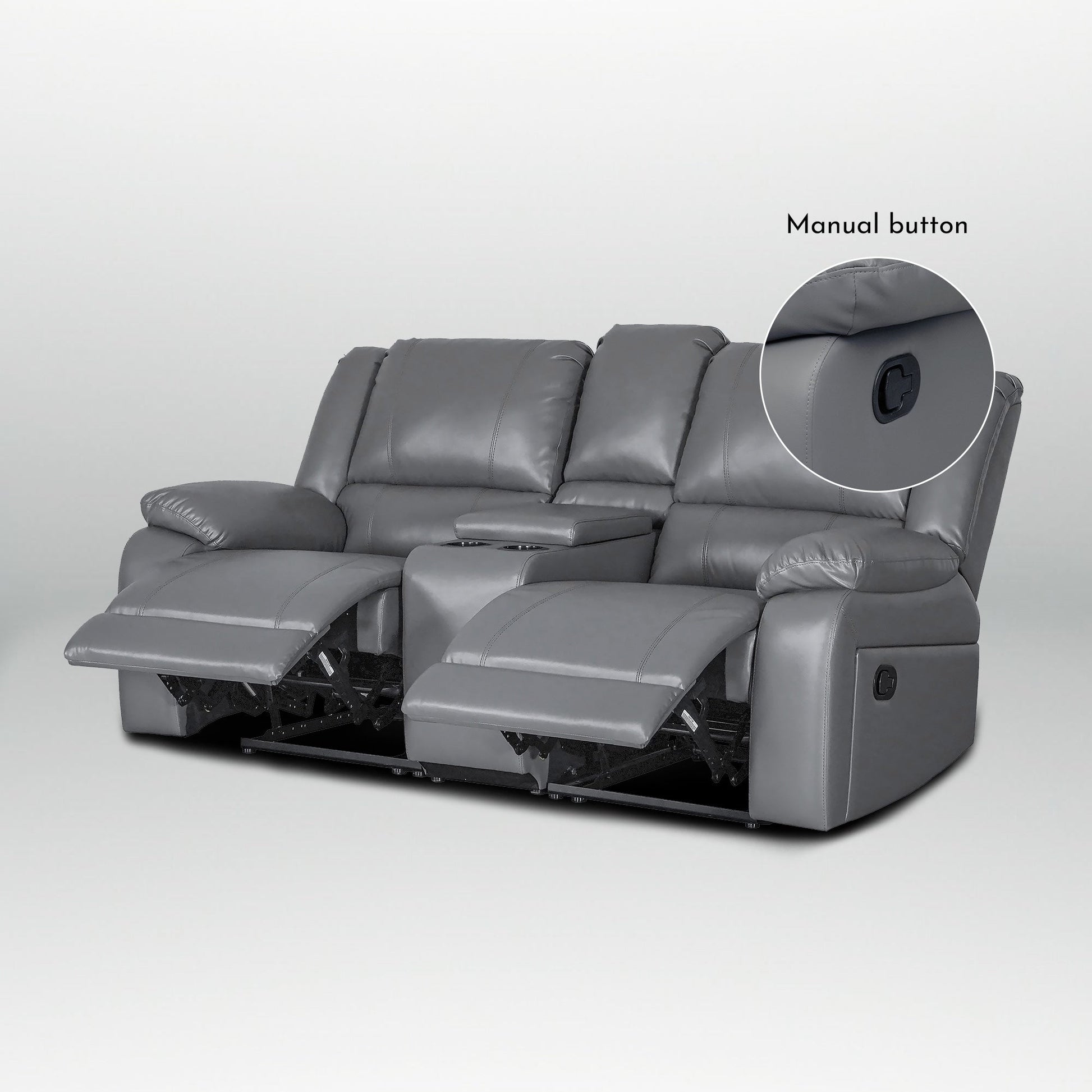 Ensemble de canapé de salon classique en simili cuir, inclinable manuellement, 2 pièces, avec console et porte-gobelets.