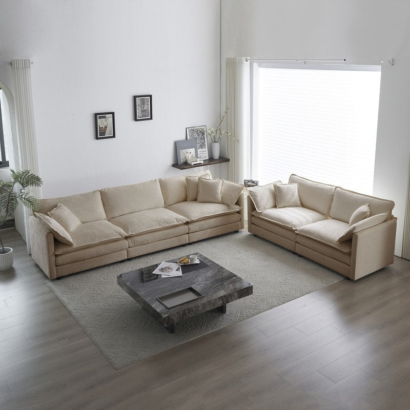 Ensemble 2 pièces, canapé surdimensionné avec assise extra profonde, recouvert de chenille, comprenant un canapé 3 places + un canapé 2 places.