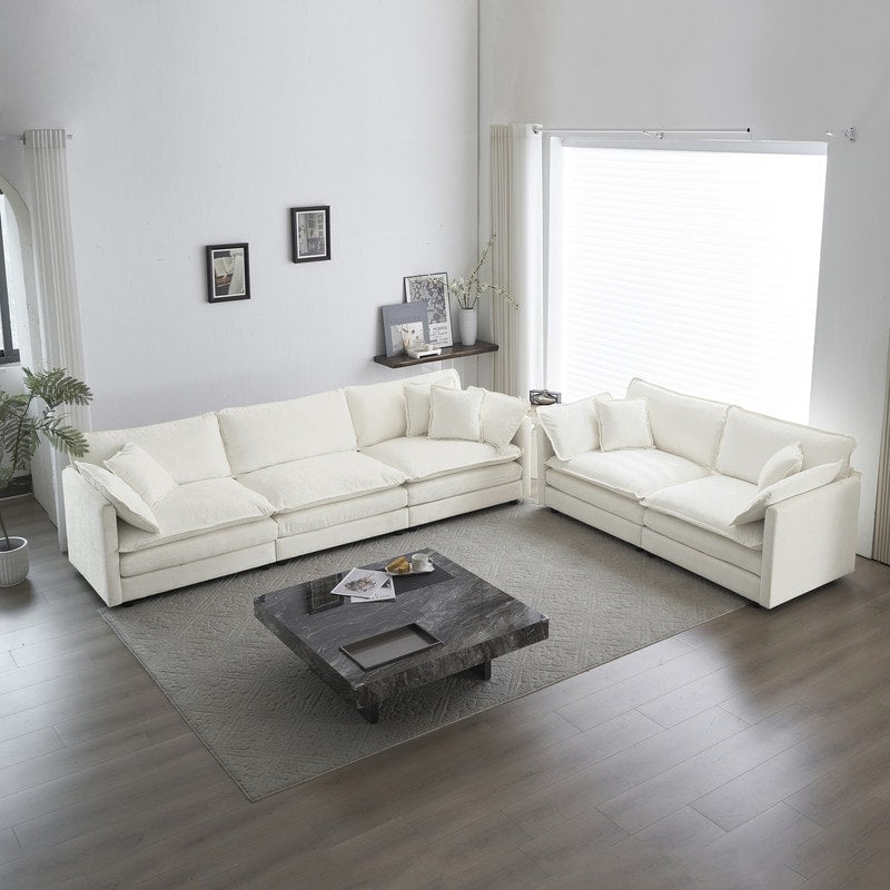 Ensemble 2 pièces, canapé surdimensionné avec assise extra profonde, recouvert de chenille, comprenant un canapé 3 places + un canapé 2 places.