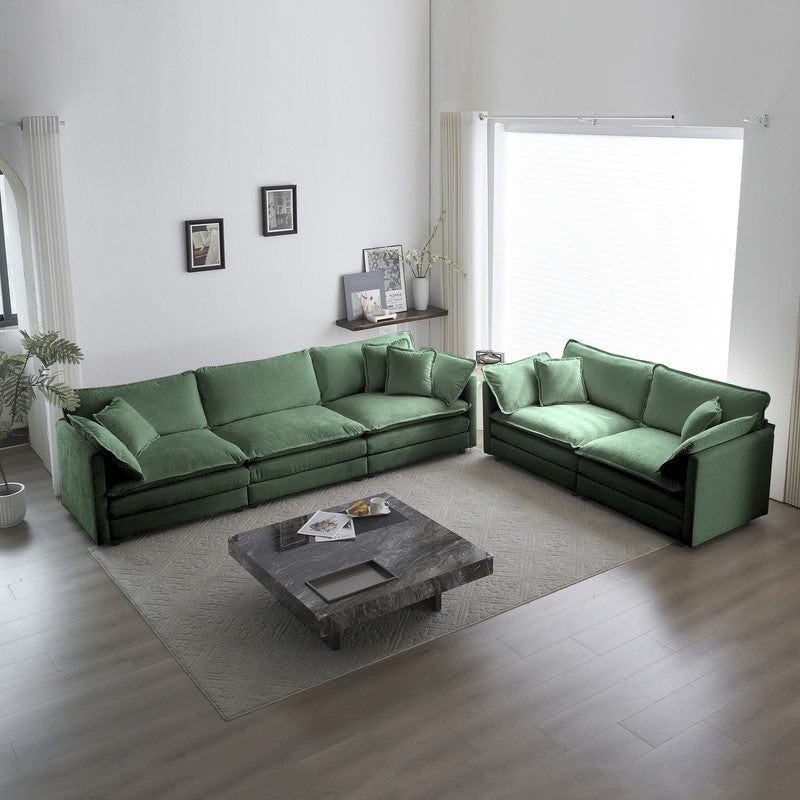 Ensemble 2 pièces, canapé surdimensionné avec assise extra profonde, recouvert de chenille, comprenant un canapé 3 places + un canapé 2 places.