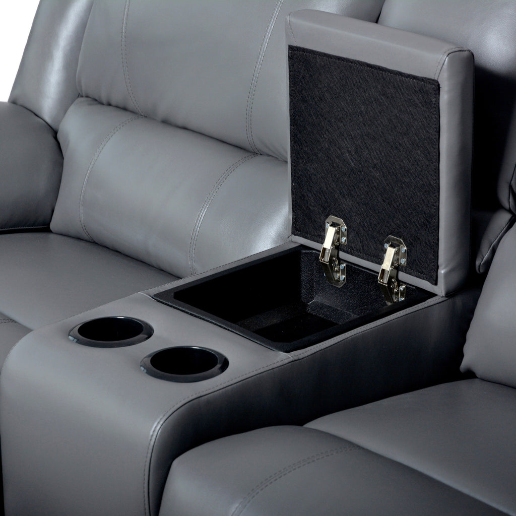 Ensemble de canapé de salon classique en simili cuir, inclinable manuellement, 2 pièces, avec console et porte-gobelets.