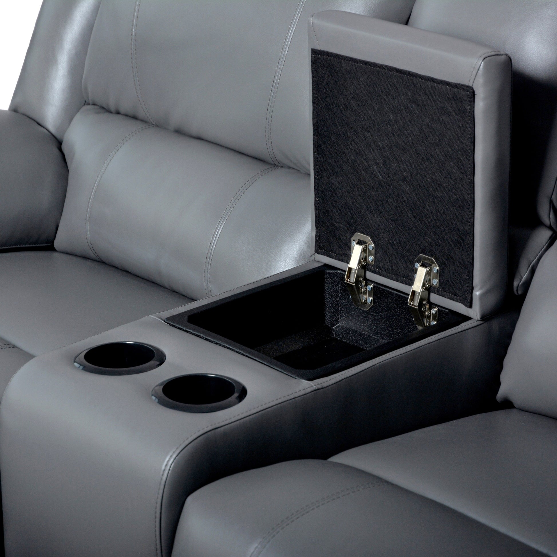 Ensemble de canapé de salon classique en simili cuir, inclinable manuellement, 2 pièces, avec console et porte-gobelets.