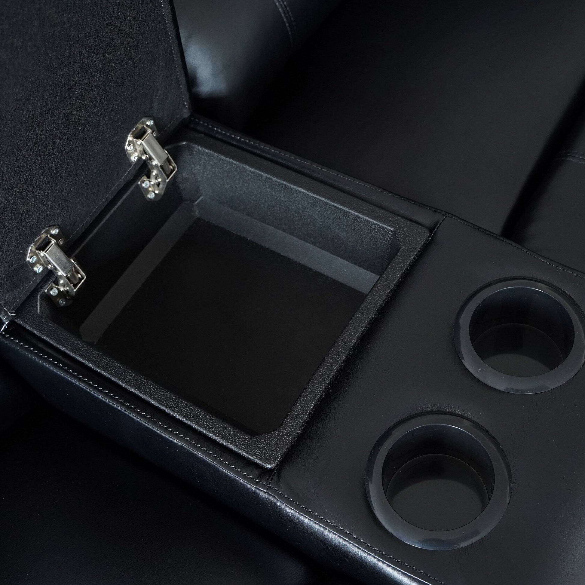 Ensemble de canapé de salon classique en simili cuir, inclinable manuellement, 2 pièces, avec console et porte-gobelets.