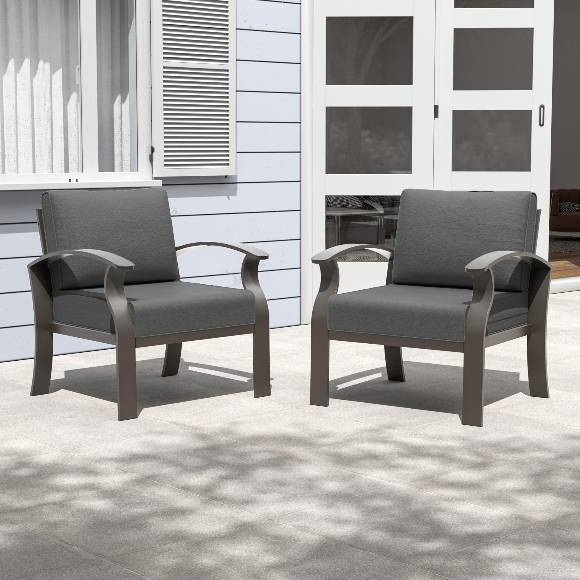 Canapés/Fauteuils d'extérieur en aluminium 2 places avec coussins gris.