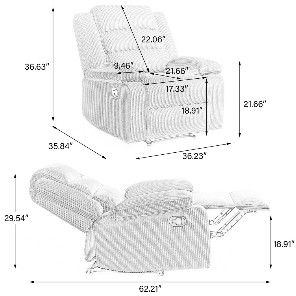 2 chaises inclinables manuelles en velours côtelé modernes, fauteuils d'appoint surdimensionnés avec accoudoirs larges