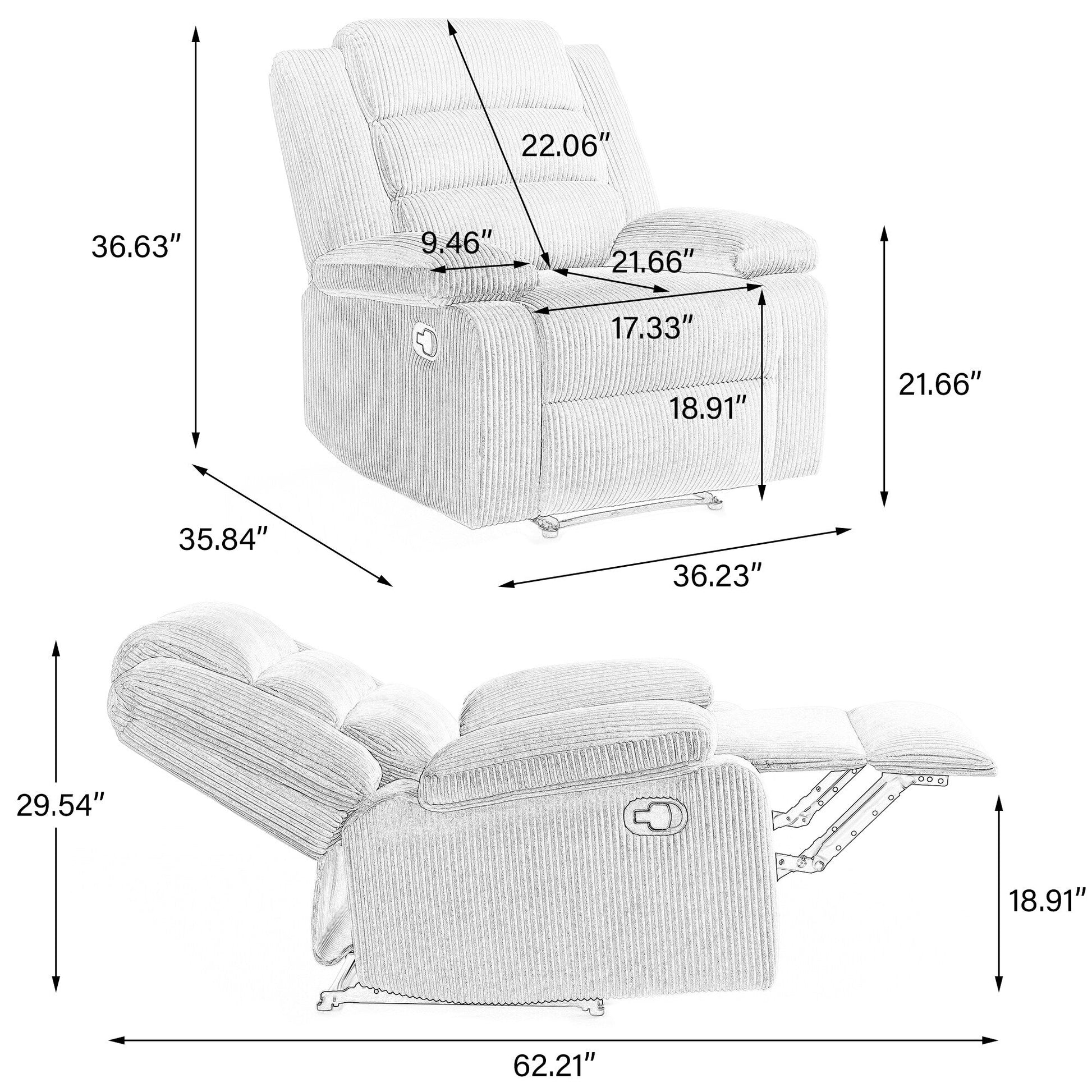 2 chaises inclinables manuelles en velours côtelé modernes, fauteuils d'appoint surdimensionnés avec accoudoirs larges