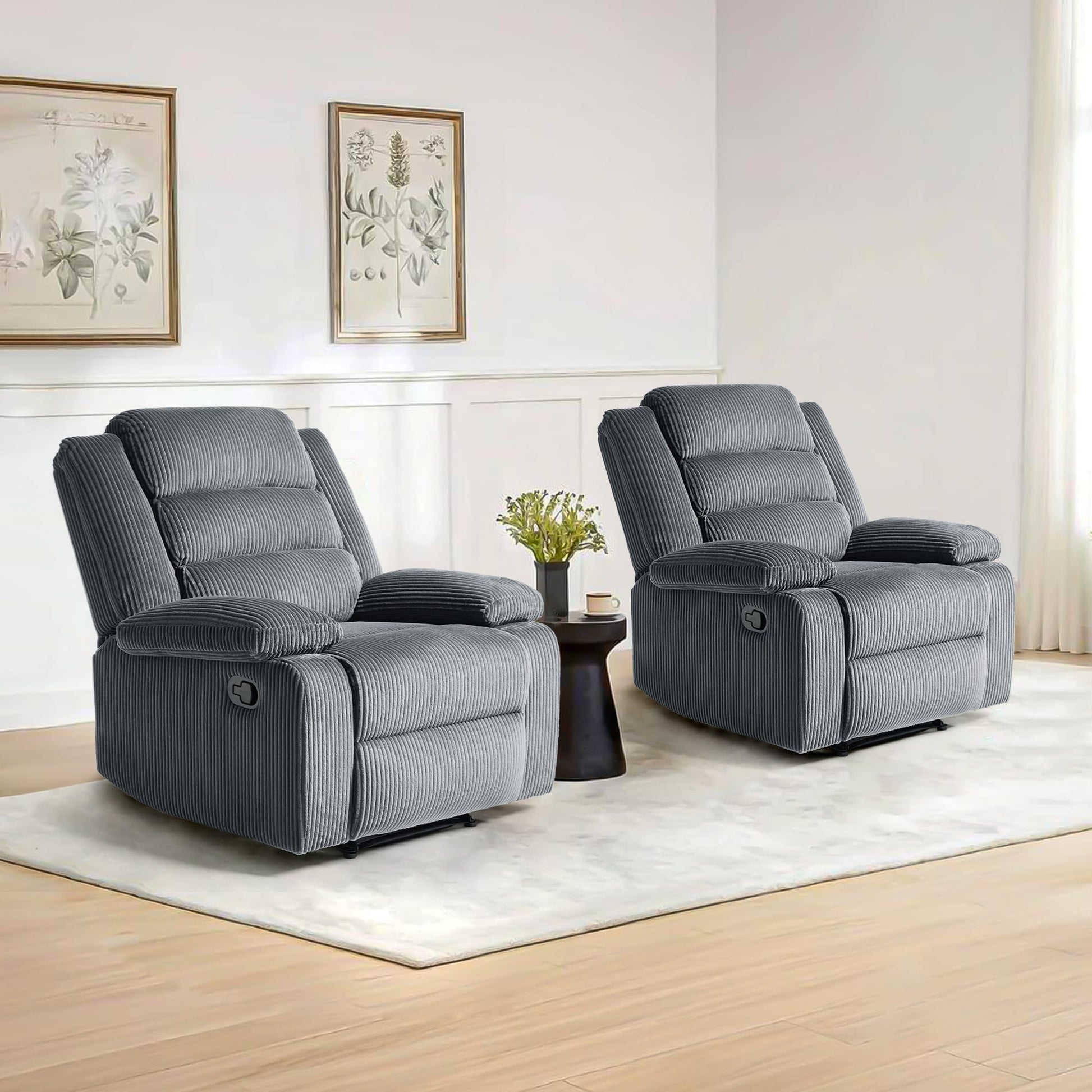2 chaises inclinables manuelles en velours côtelé modernes, fauteuils d'appoint surdimensionnés avec accoudoirs larges