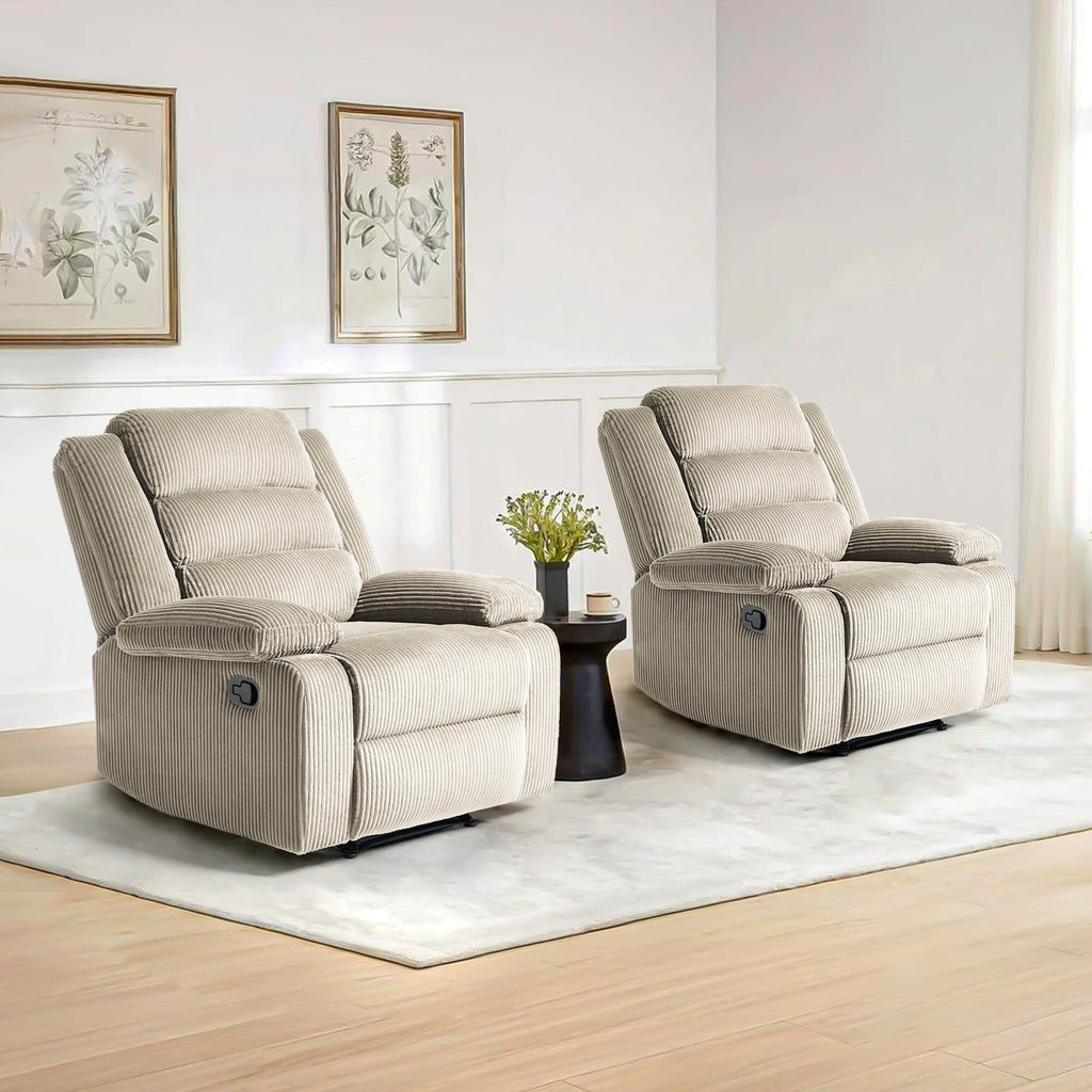 2 chaises inclinables manuelles en velours côtelé modernes, fauteuils d'appoint surdimensionnés avec accoudoirs larges