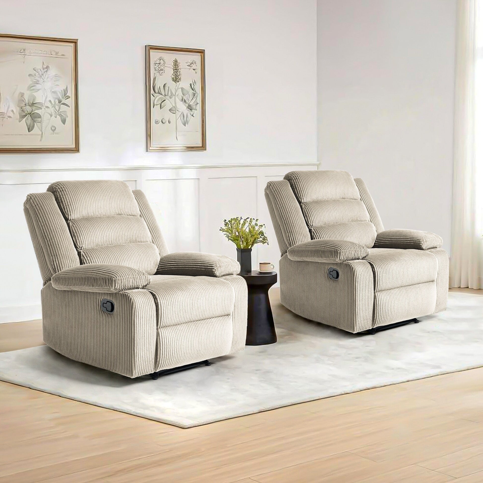 2 chaises inclinables manuelles en velours côtelé modernes, fauteuils d'appoint surdimensionnés avec accoudoirs larges
