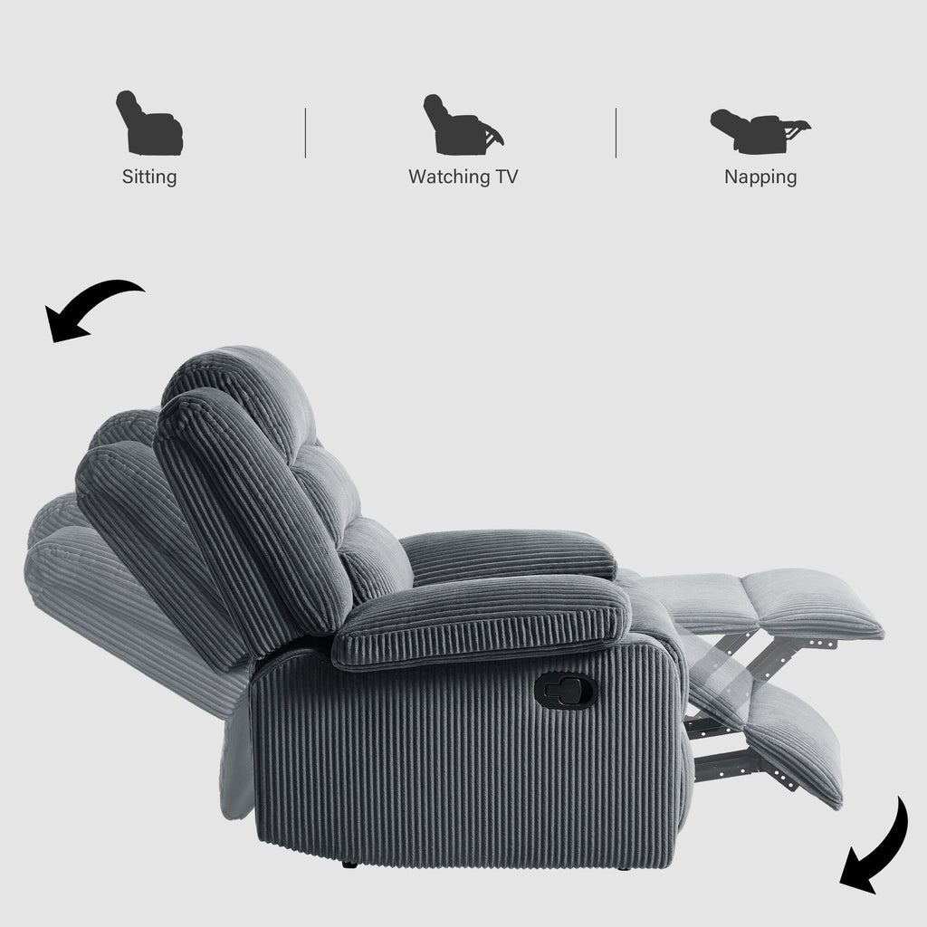 2 chaises inclinables manuelles en velours côtelé modernes, fauteuils d'appoint surdimensionnés avec accoudoirs larges