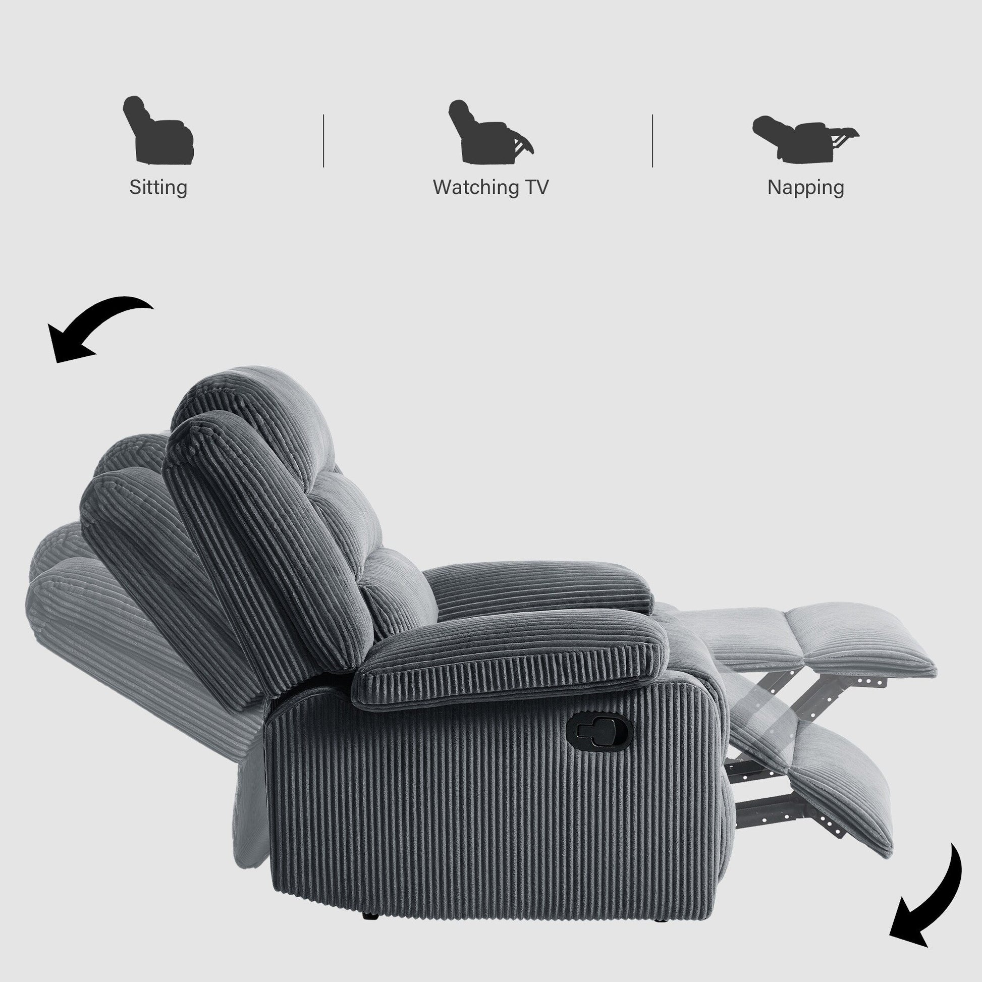 2 chaises inclinables manuelles en velours côtelé modernes, fauteuils d'appoint surdimensionnés avec accoudoirs larges