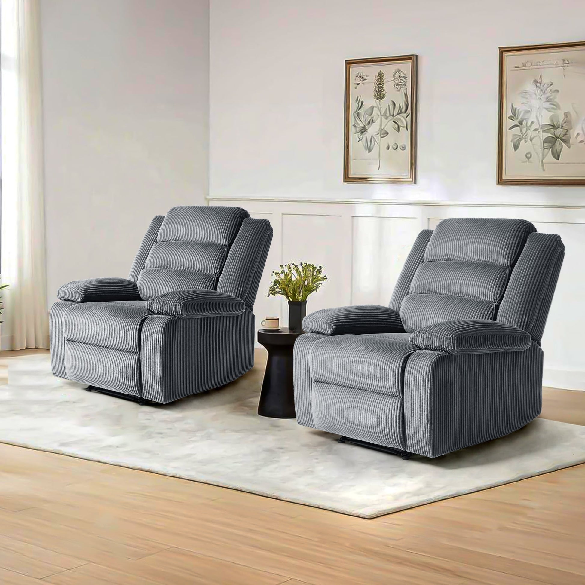 2 chaises inclinables manuelles en velours côtelé modernes, fauteuils d'appoint surdimensionnés avec accoudoirs larges