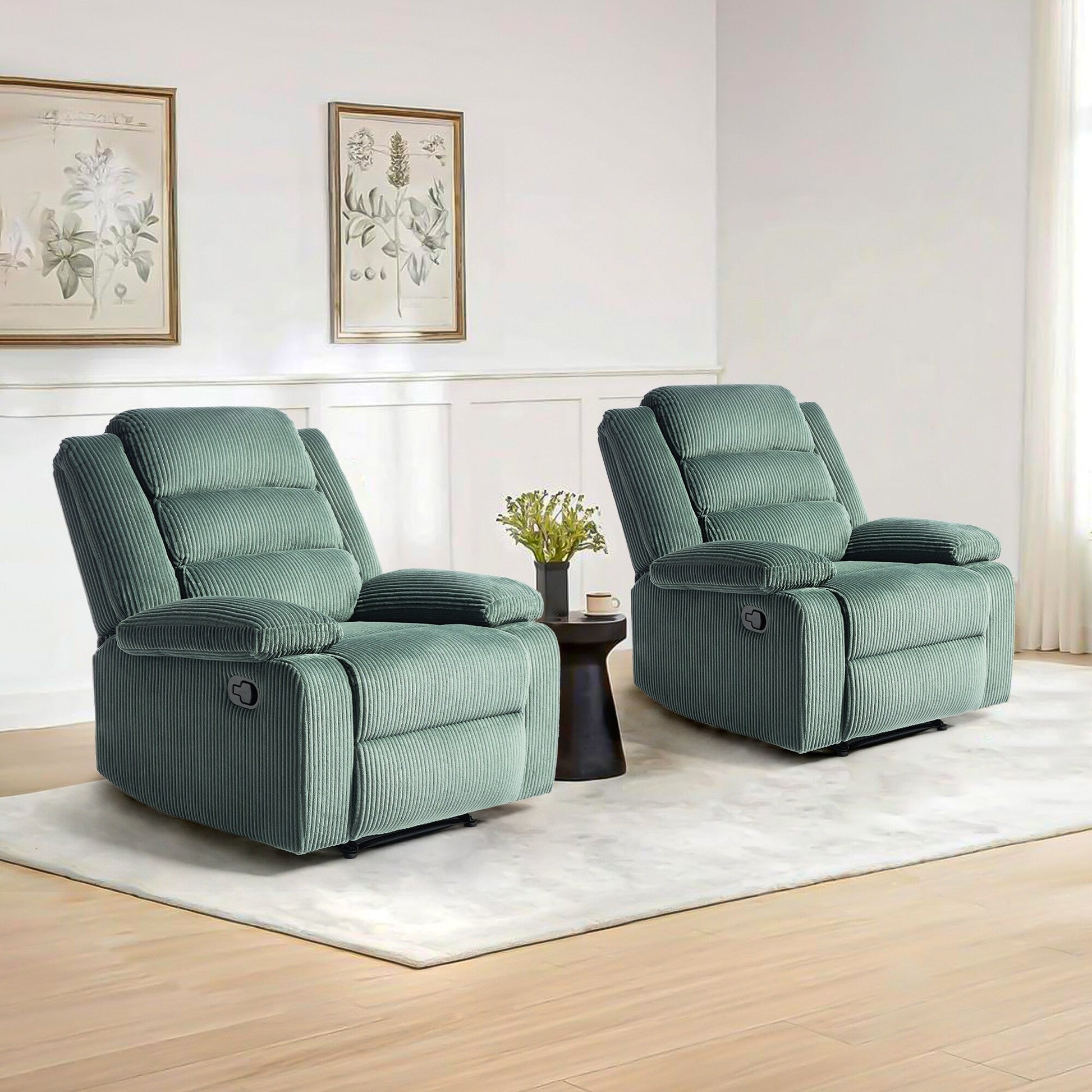 2 chaises inclinables manuelles en velours côtelé modernes, fauteuils d'appoint surdimensionnés avec accoudoirs larges