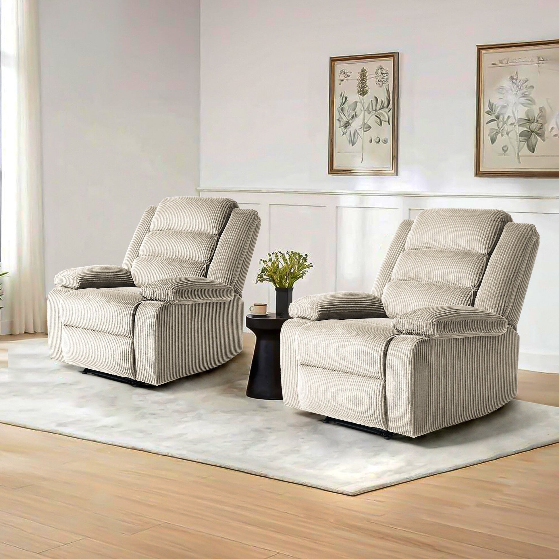 2 chaises inclinables manuelles en velours côtelé modernes, fauteuils d'appoint surdimensionnés avec accoudoirs larges
