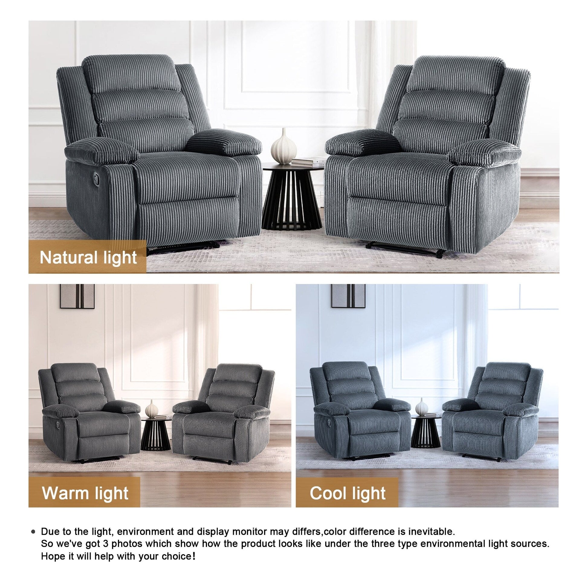 2 chaises inclinables manuelles en velours côtelé modernes, fauteuils d'appoint surdimensionnés avec accoudoirs larges