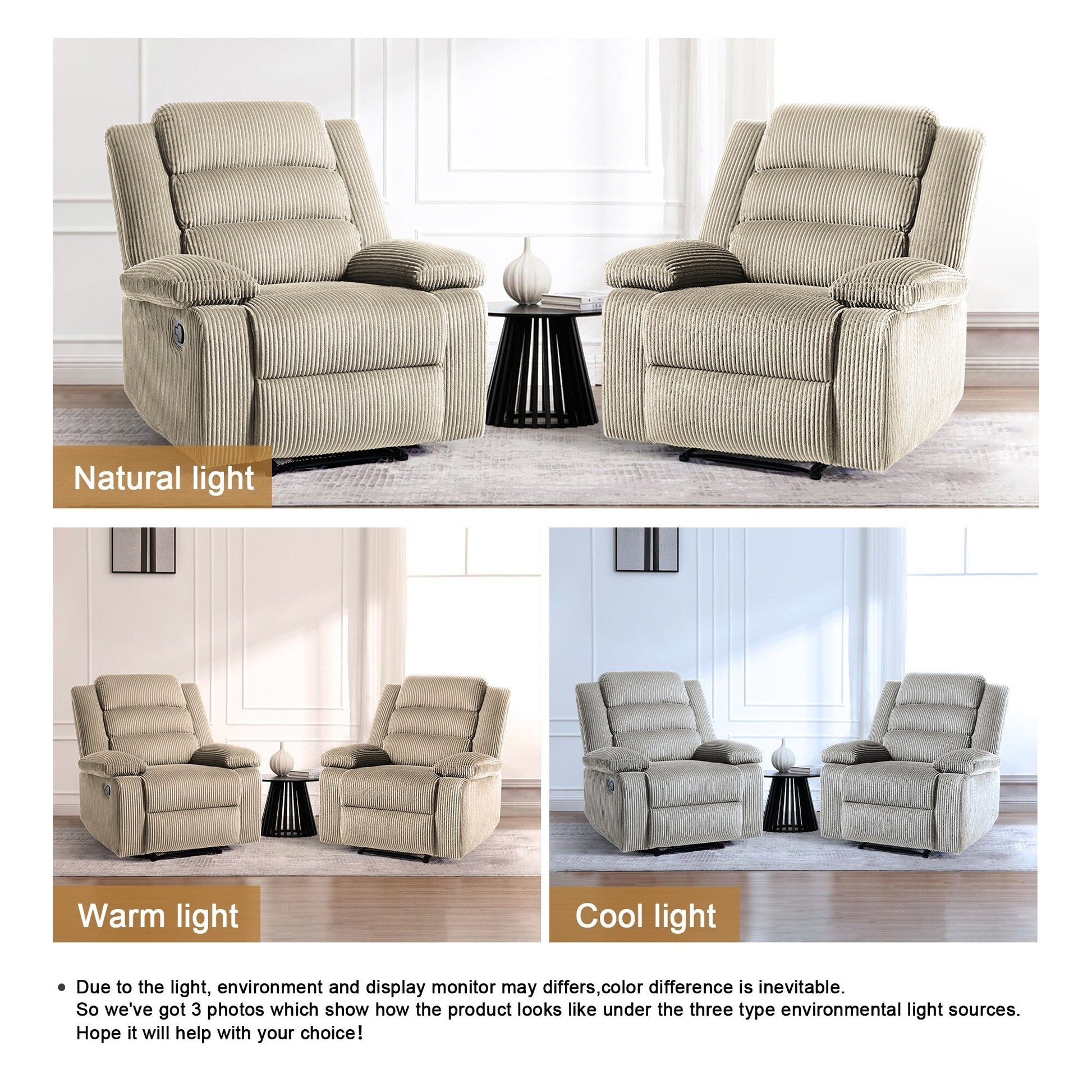 2 chaises inclinables manuelles en velours côtelé modernes, fauteuils d'appoint surdimensionnés avec accoudoirs larges