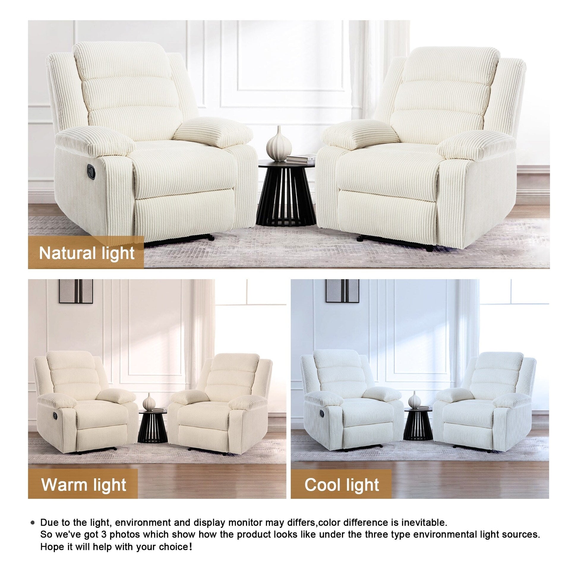 2 chaises inclinables manuelles en velours côtelé modernes, fauteuils d'appoint surdimensionnés avec accoudoirs larges