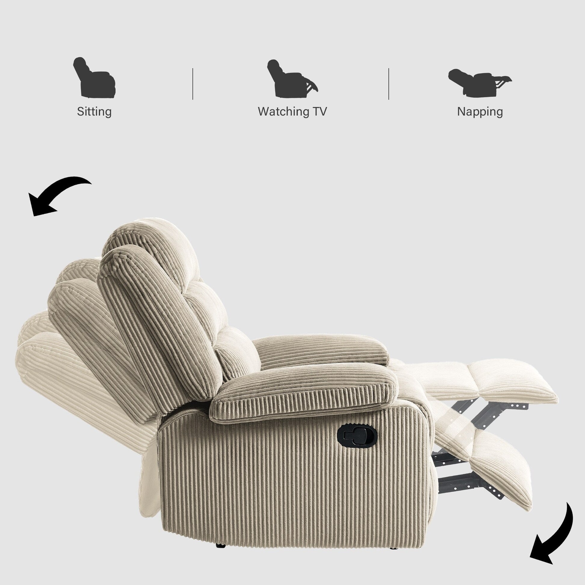 2 chaises inclinables manuelles en velours côtelé modernes, fauteuils d'appoint surdimensionnés avec accoudoirs larges