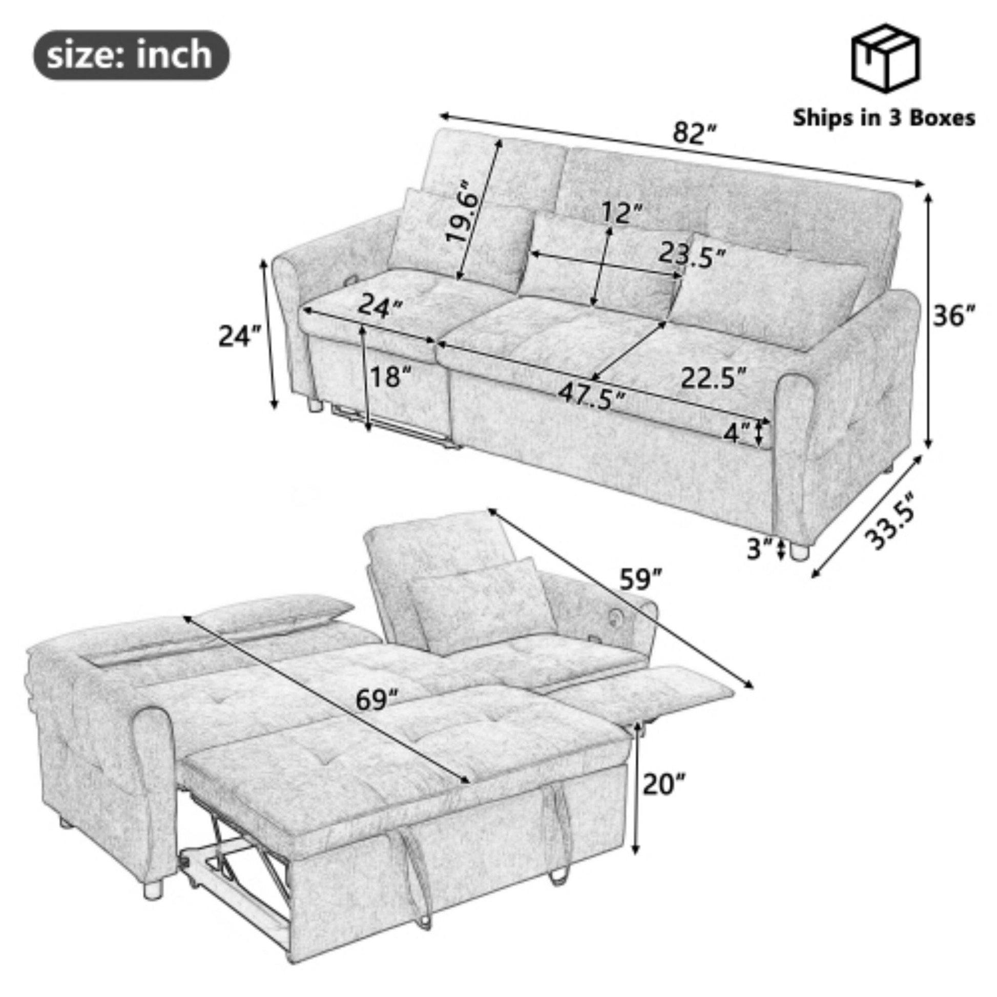 Canapé 2-en-1 avec lit escamotable et dossier inclinable réversible de Harper&amp;Bright Designs