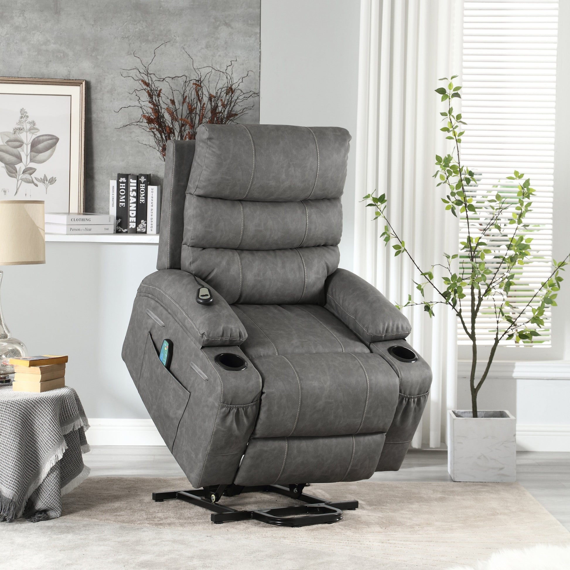 Fauteuil inclinable électrique à levage puissant, large de 53 cm (21 pouces), avec massage lombaire à 8 points, chauffe, télécommande, poches latérales et porte-gobelets, pour personnes âgées.