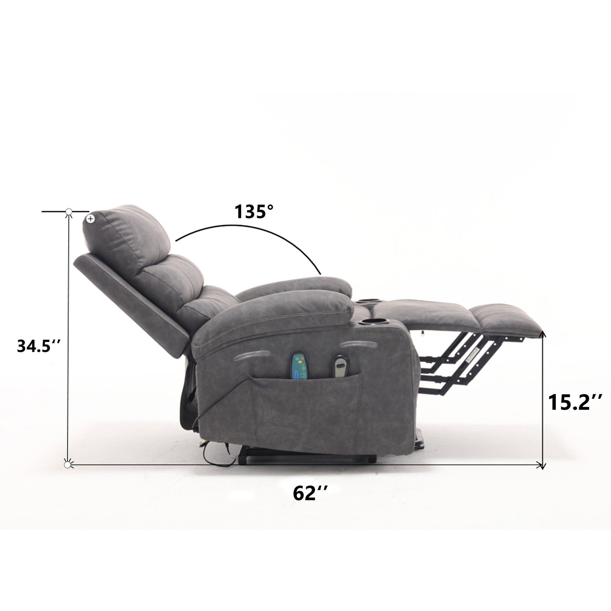 Fauteuil inclinable électrique à levage électrique de grande taille 21W, massage vibratoire à 8 points et chaleur lombaire, télécommande, poches latérales, porte-gobelets