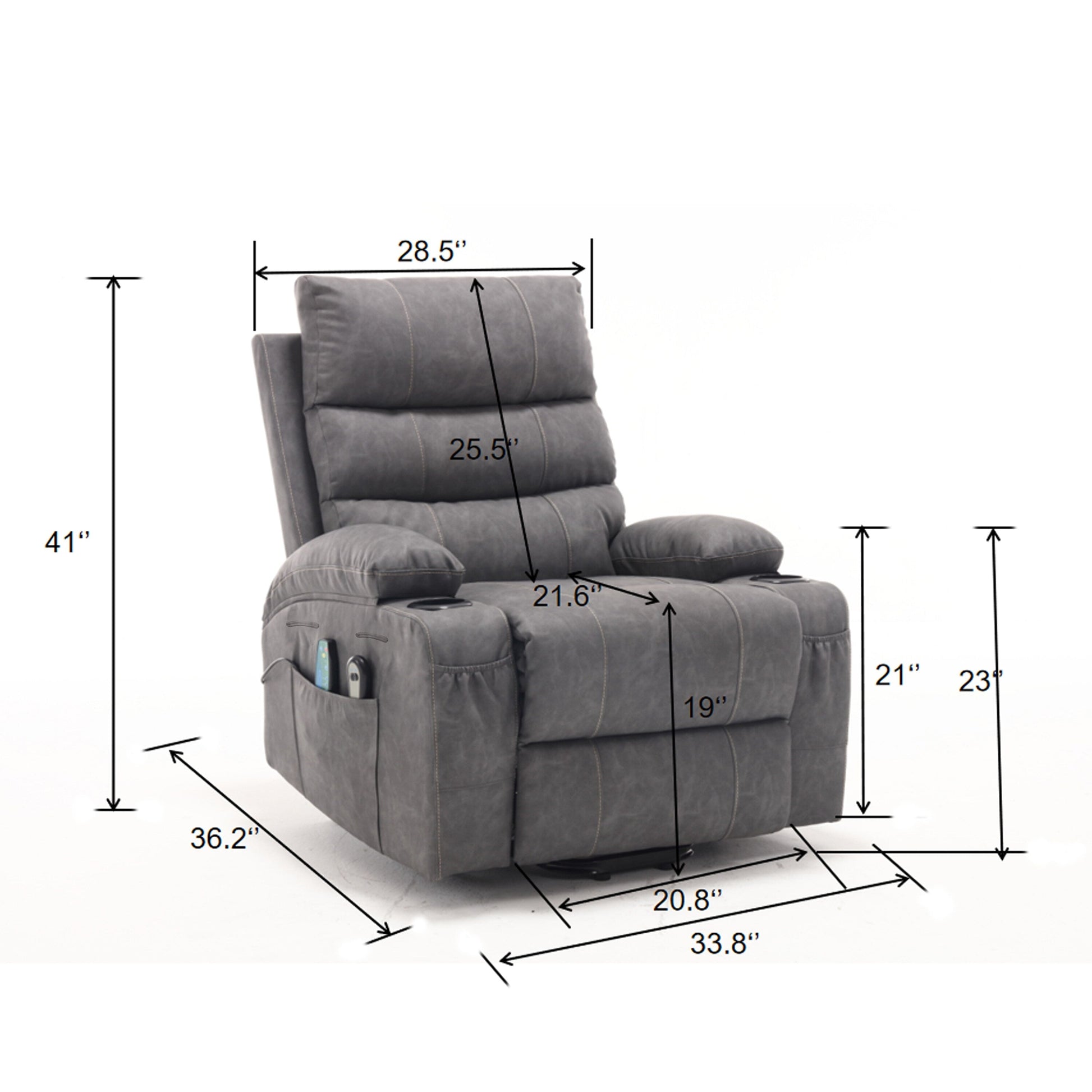 Fauteuil inclinable électrique à levage électrique de grande taille 21W, massage vibratoire à 8 points et chaleur lombaire, télécommande, poches latérales, porte-gobelets