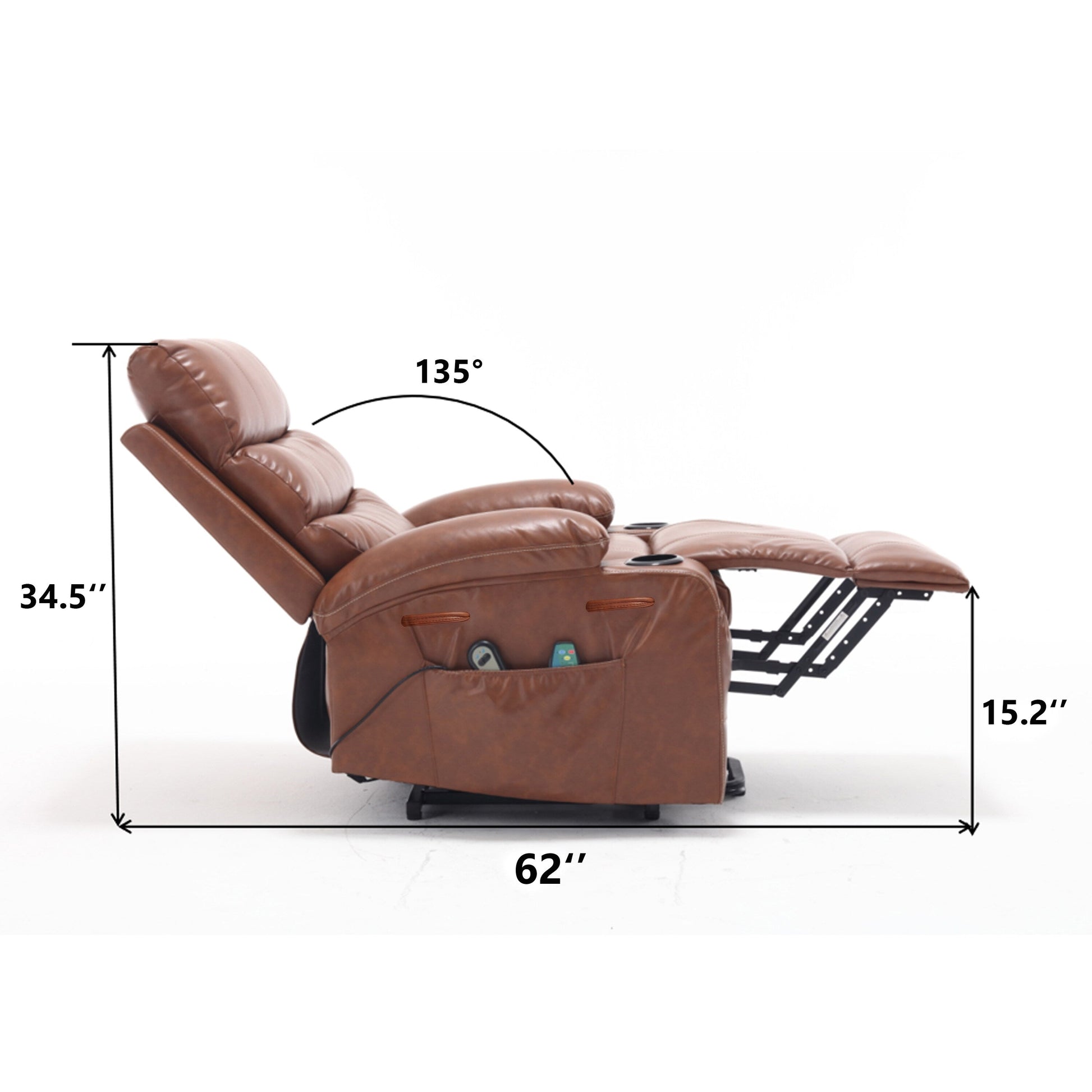 Fauteuil inclinable électrique à levage électrique de grande taille 21W, massage vibratoire à 8 points et chaleur lombaire, télécommande, poches latérales, porte-gobelets