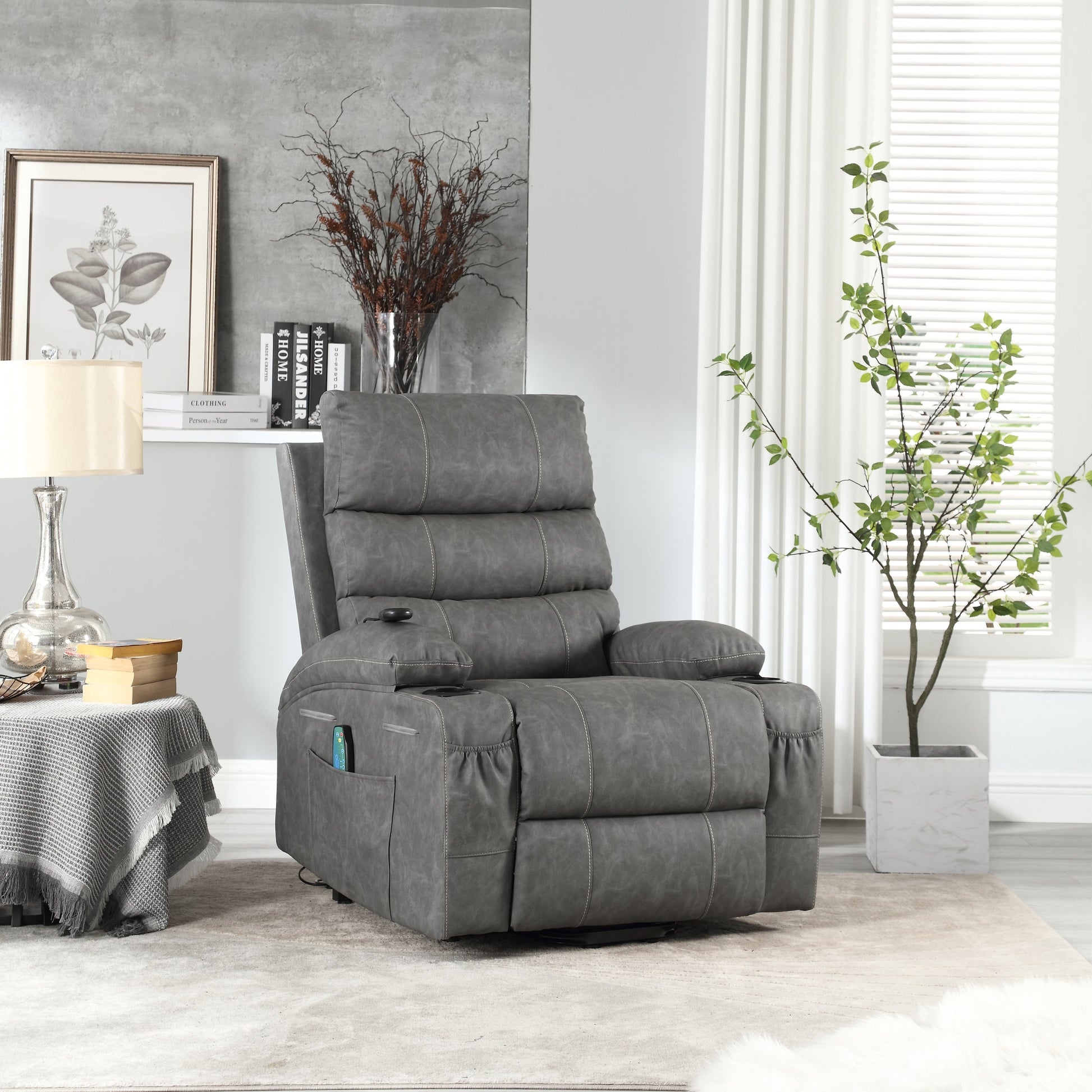 Fauteuil inclinable électrique à levage électrique de grande taille 21W, massage vibratoire à 8 points et chaleur lombaire, télécommande, poches latérales, porte-gobelets