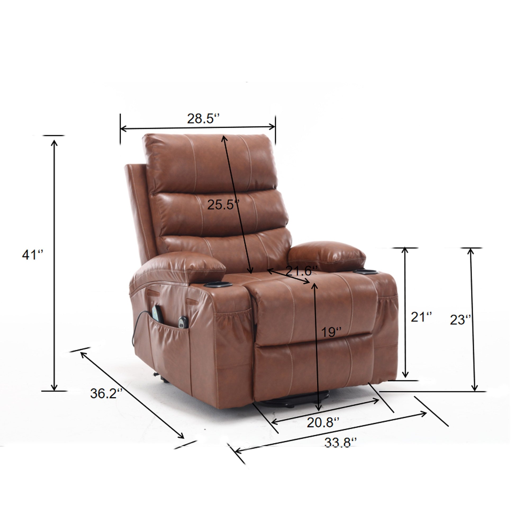 Fauteuil inclinable électrique à levage électrique de grande taille 21W, massage vibratoire à 8 points et chaleur lombaire, télécommande, poches latérales, porte-gobelets