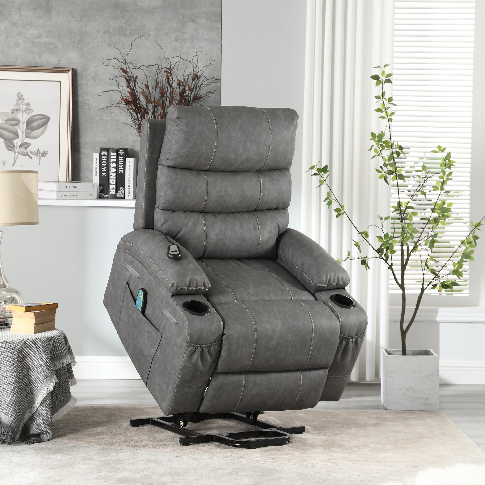 Fauteuil inclinable électrique à levage électrique de grande taille 21W, massage vibratoire à 8 points et chaleur lombaire, télécommande, poches latérales, porte-gobelets