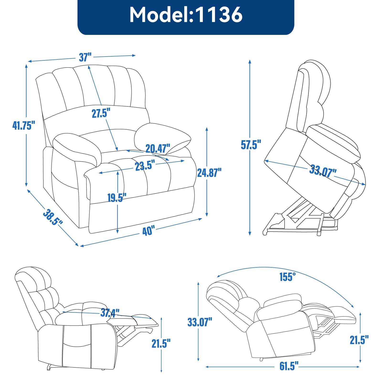 Fauteuil inclinable à levage électrique, grand format, bleu gris chiné, avec dossier haut, largeur d'assise de 23 pouces et massage vibratoire à 8 points.