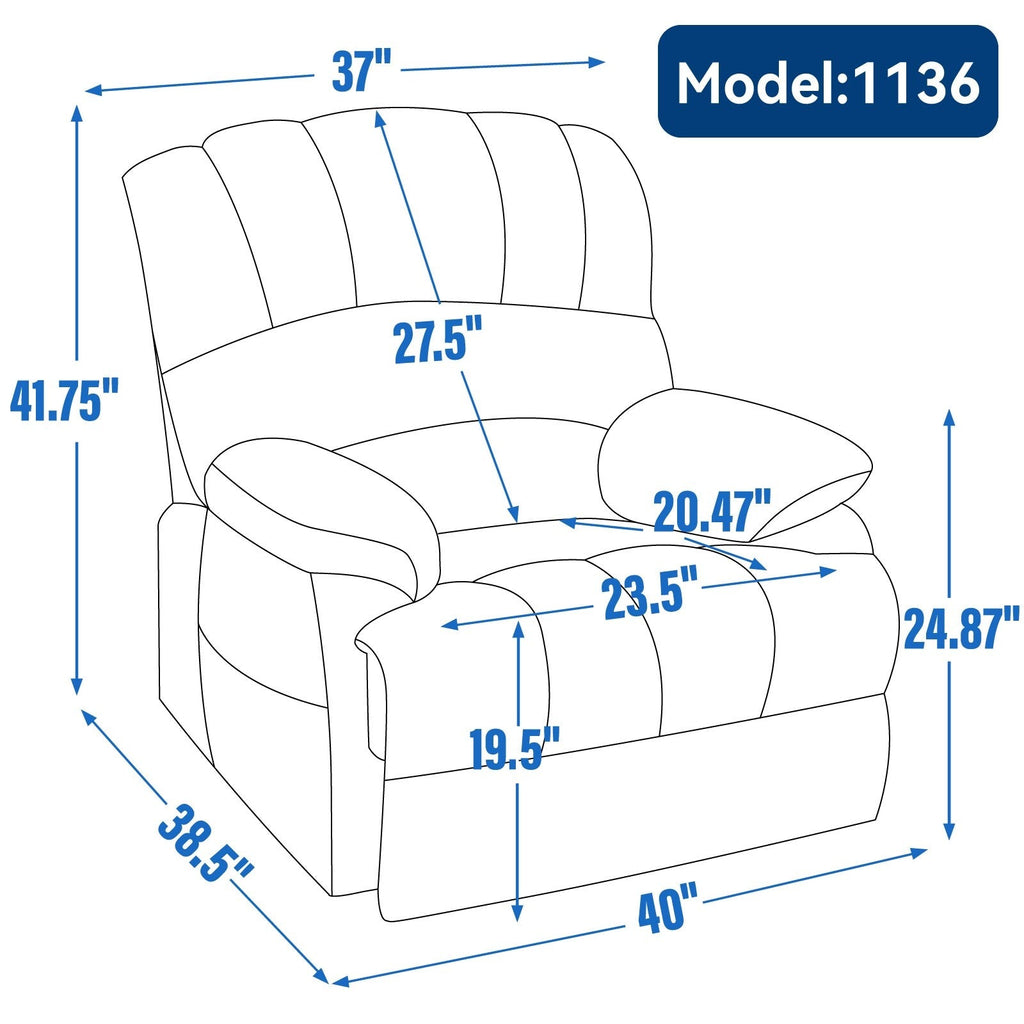 Fauteuil inclinable à levage électrique, grand format, bleu gris chiné, avec dossier haut, largeur d'assise de 23 pouces et massage vibratoire à 8 points.
