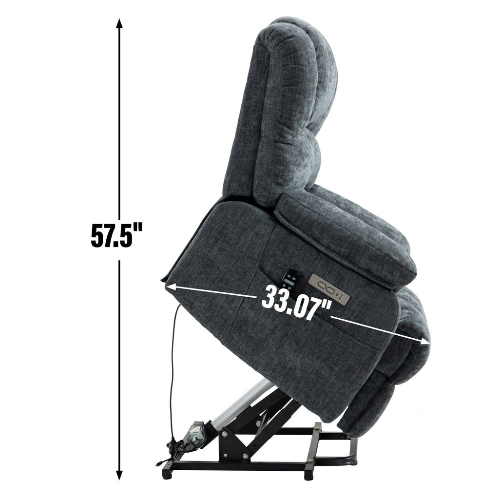 Fauteuil inclinable à levage électrique, grand format, bleu gris chiné, avec dossier haut, largeur d'assise de 23 pouces et massage vibratoire à 8 points.
