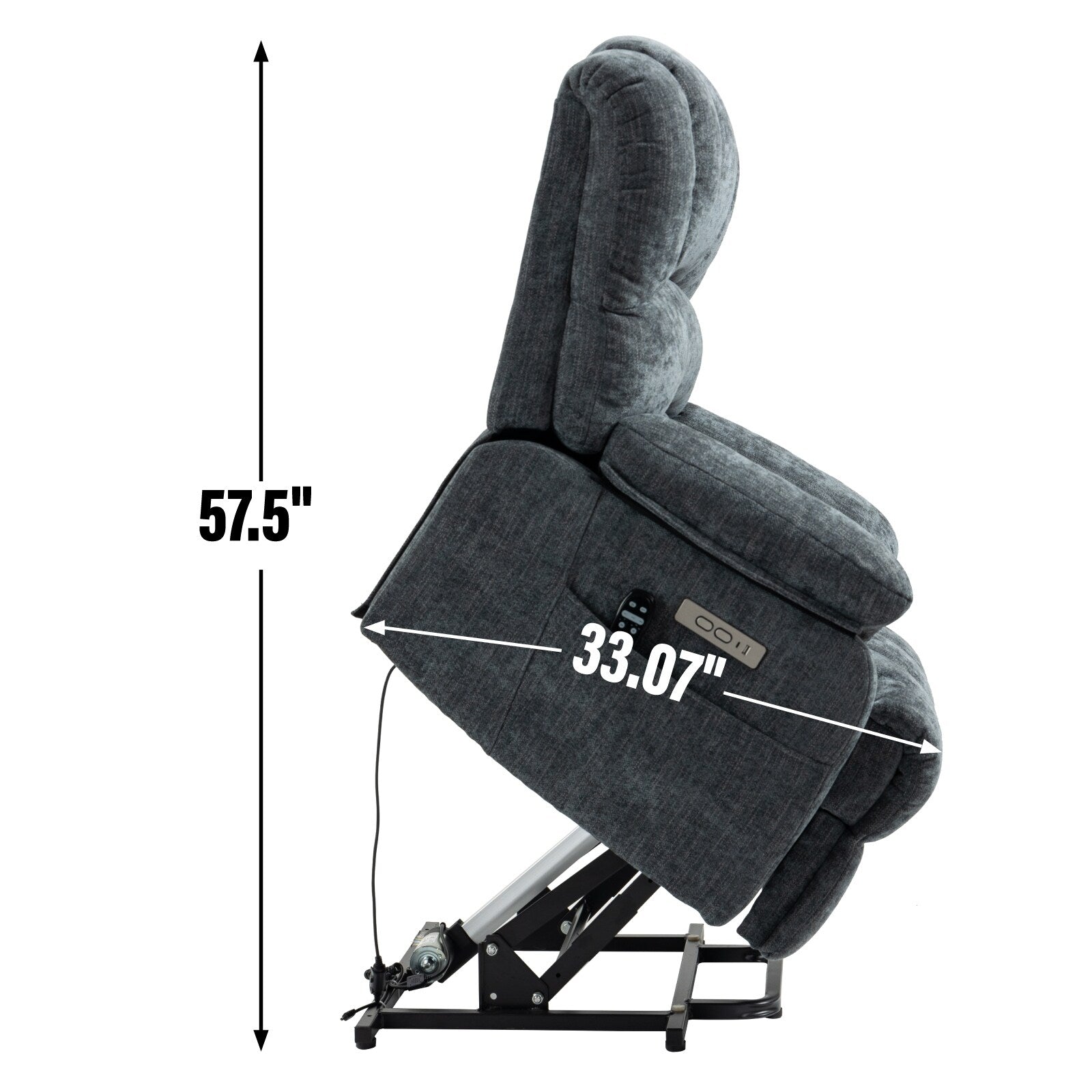 Fauteuil inclinable à levage électrique, grand format, bleu gris chiné, avec dossier haut, largeur d'assise de 23 pouces et massage vibratoire à 8 points.