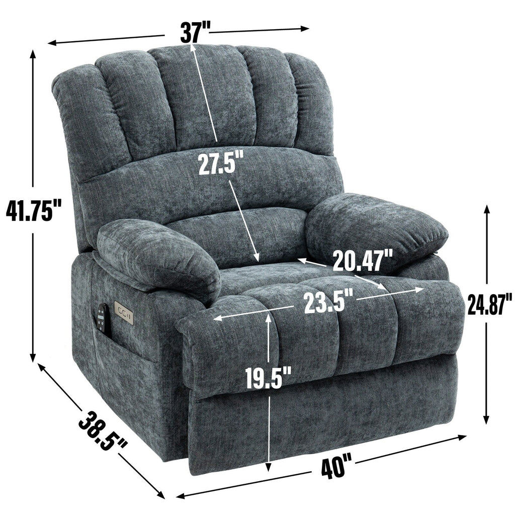 Fauteuil inclinable à levage électrique, grand format, bleu gris chiné, avec dossier haut, largeur d'assise de 23 pouces et massage vibratoire à 8 points.