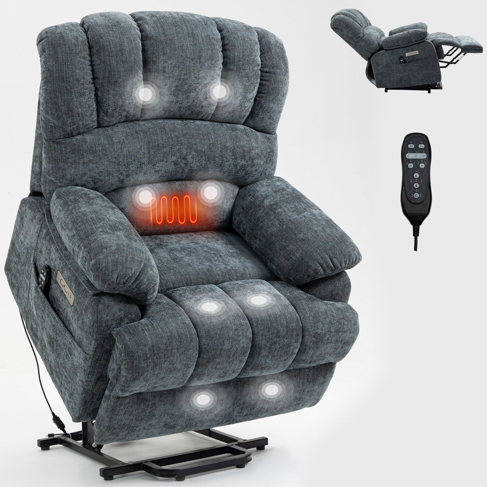 Fauteuil inclinable à levage électrique, grand format, bleu gris chiné, avec dossier haut, largeur d'assise de 23 pouces et massage vibratoire à 8 points.