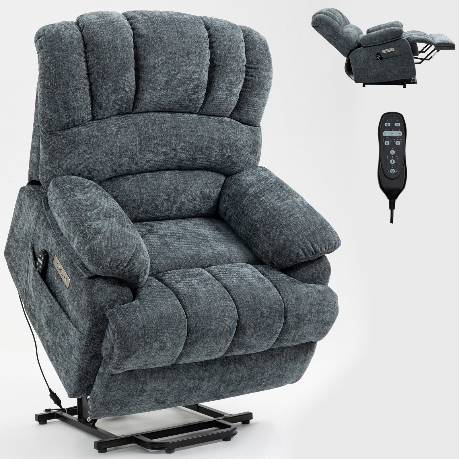 Fauteuil inclinable à levage électrique, grand format, bleu gris chiné, avec dossier haut, largeur d'assise de 23 pouces et massage vibratoire à 8 points.