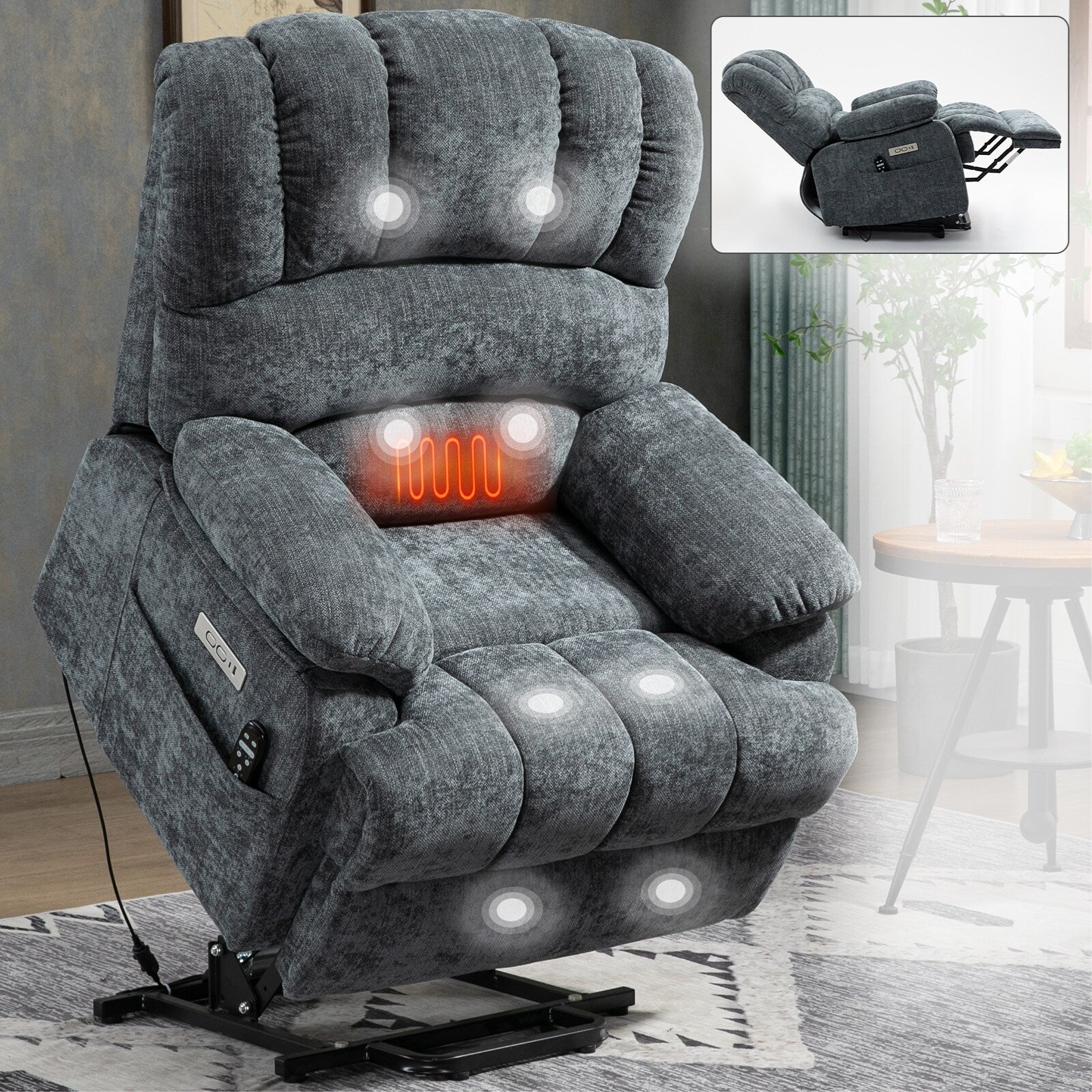 Fauteuil inclinable à levage électrique, grand format, bleu gris chiné, avec dossier haut, largeur d'assise de 23 pouces et massage vibratoire à 8 points.