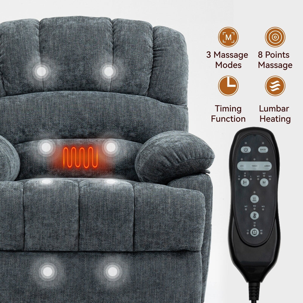 Fauteuil inclinable à levage électrique, grand format, bleu gris chiné, avec dossier haut, largeur d'assise de 23 pouces et massage vibratoire à 8 points.