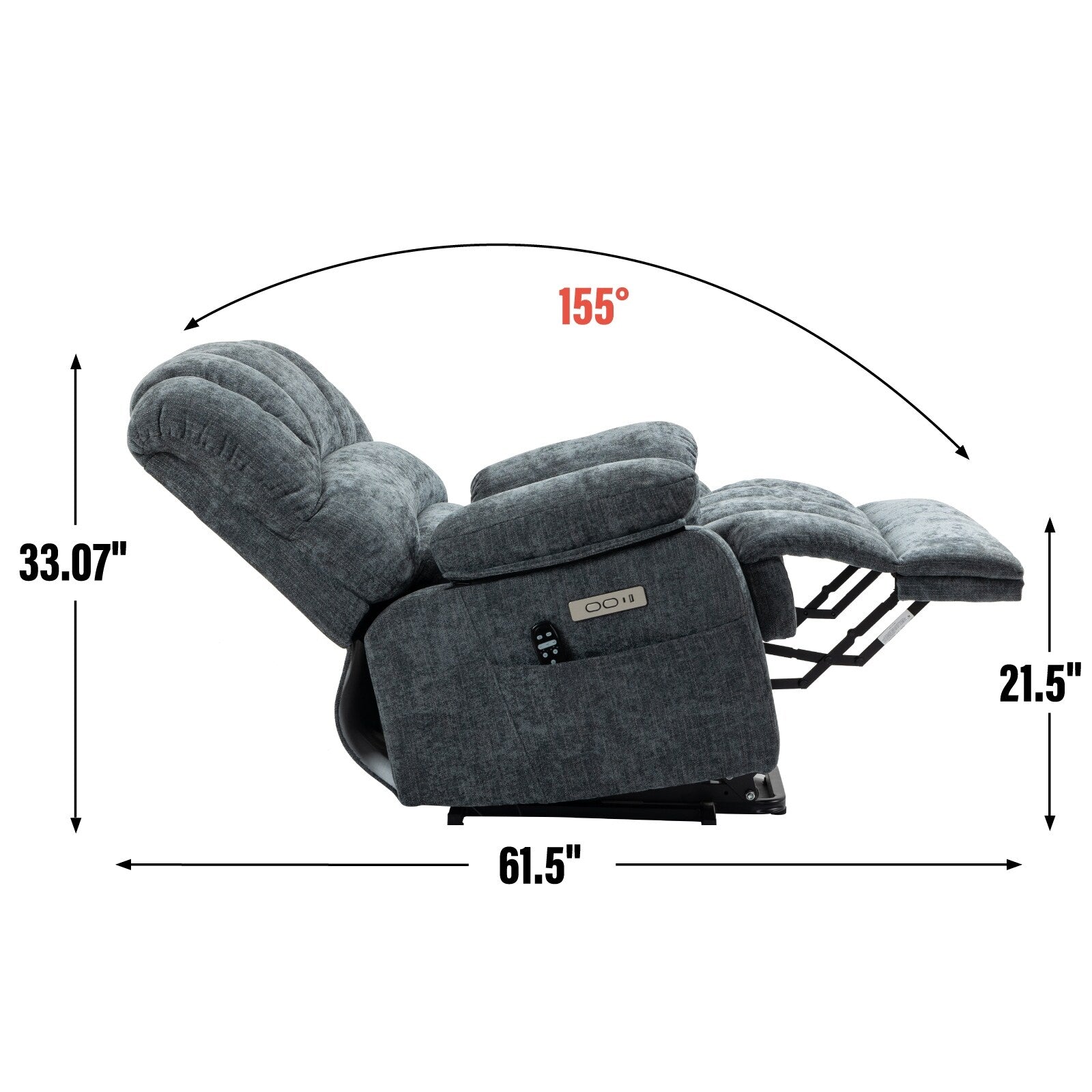 Fauteuil inclinable à levage électrique, grand format, bleu gris chiné, avec dossier haut, largeur d'assise de 23 pouces et massage vibratoire à 8 points.