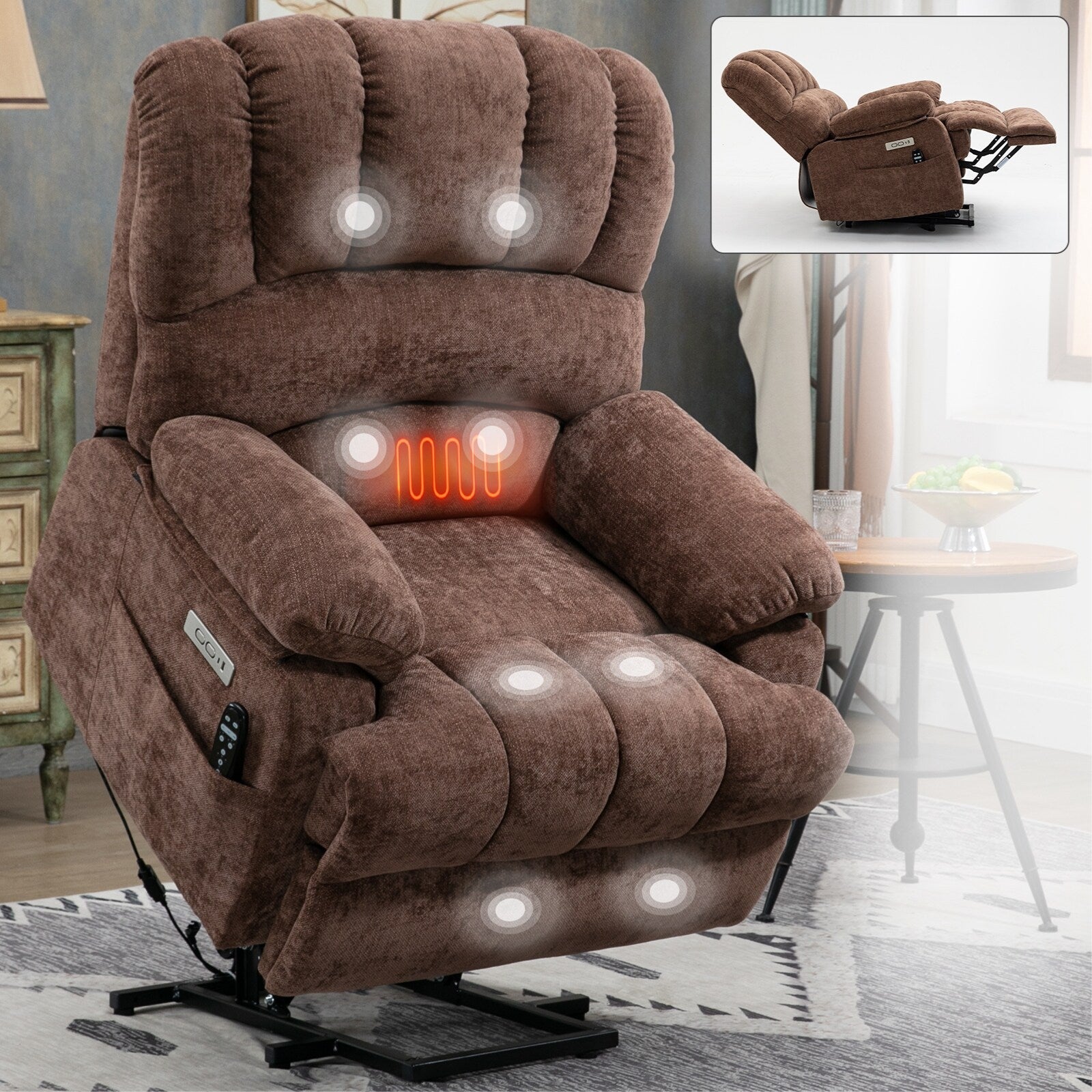 Fauteuil inclinable électrique à large dossier et à large assise (23 pouces) en chenille, avec massage vibratoire à 8 points et chaleur lombaire.