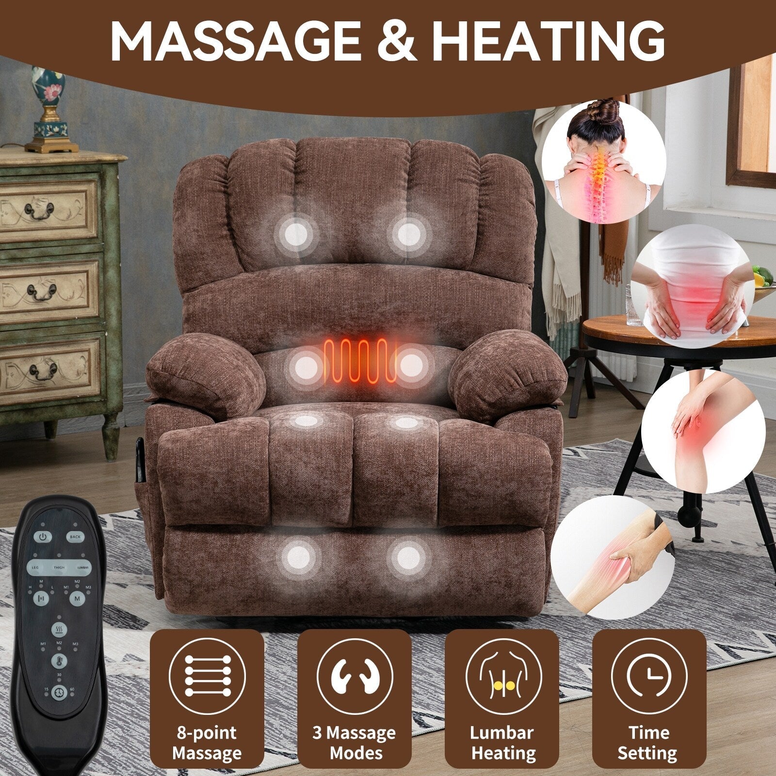 Fauteuil inclinable électrique à large dossier et à large assise (23 pouces) en chenille, avec massage vibratoire à 8 points et chaleur lombaire.