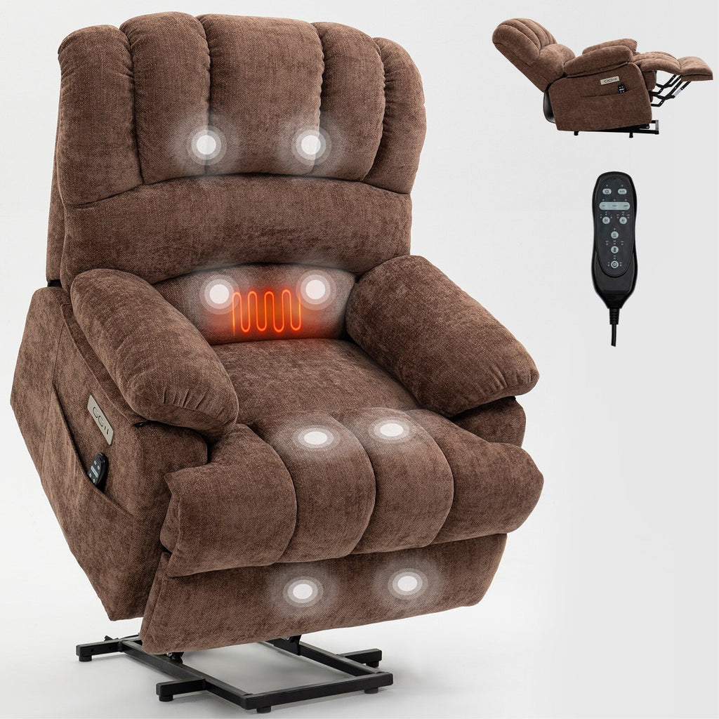 Fauteuil inclinable électrique à large dossier et à large assise (23 pouces) en chenille, avec massage vibratoire à 8 points et chaleur lombaire.