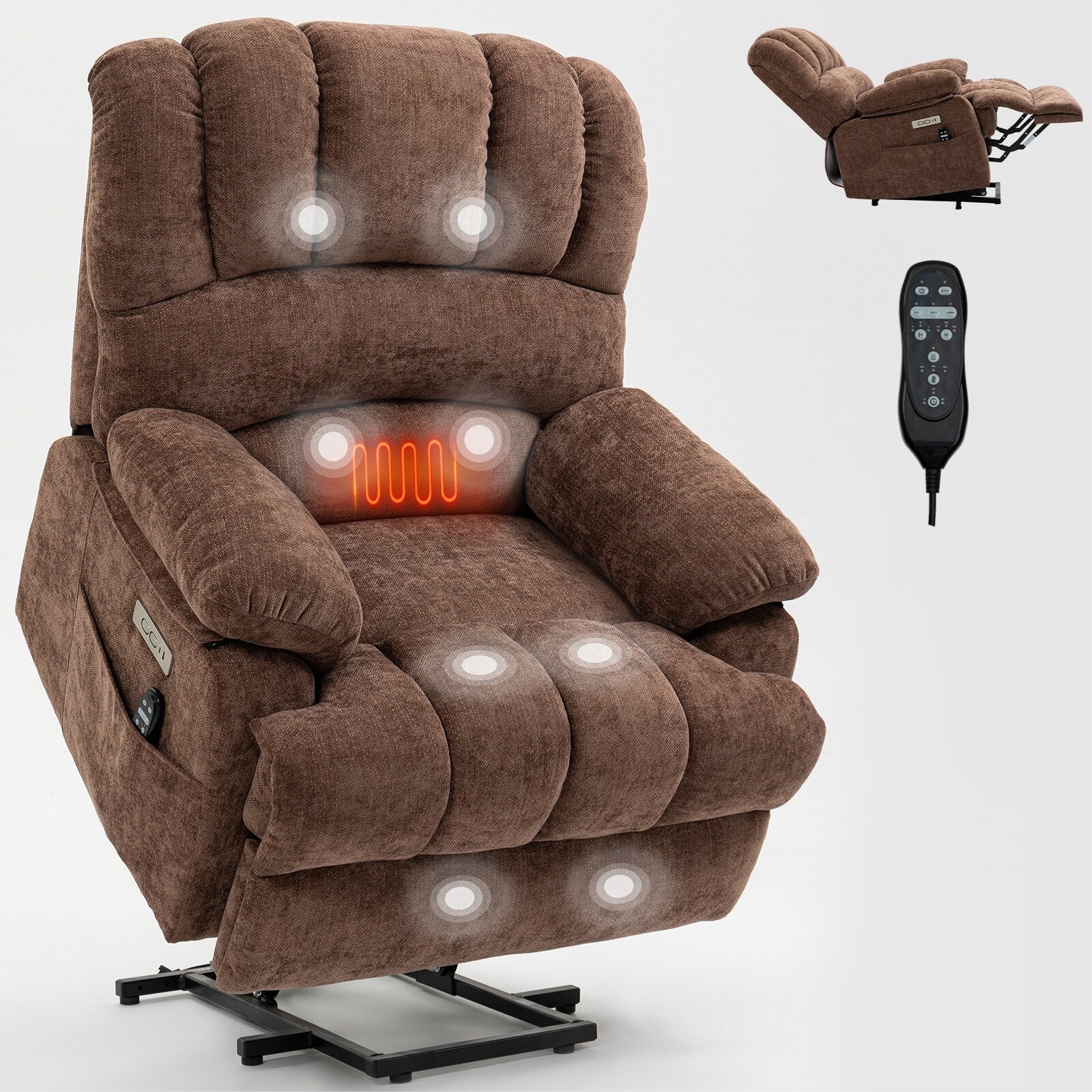 Fauteuil inclinable électrique à large dossier et à large assise (23 pouces) en chenille, avec massage vibratoire à 8 points et chaleur lombaire.